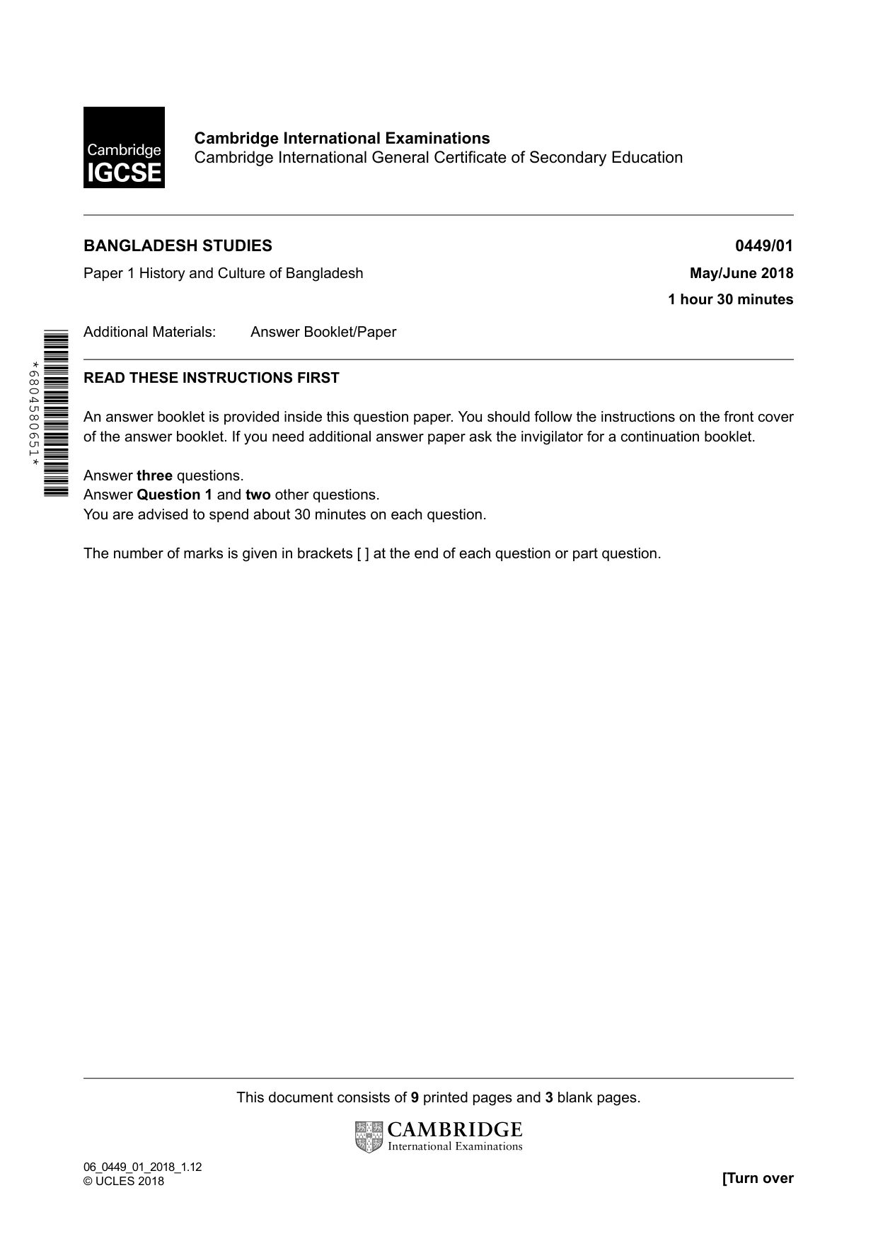 Cambridge IGCSE Bangladesh Studies 0449 2018 May/June Paper 1 · Variant 0 question paper, page 1 of 12