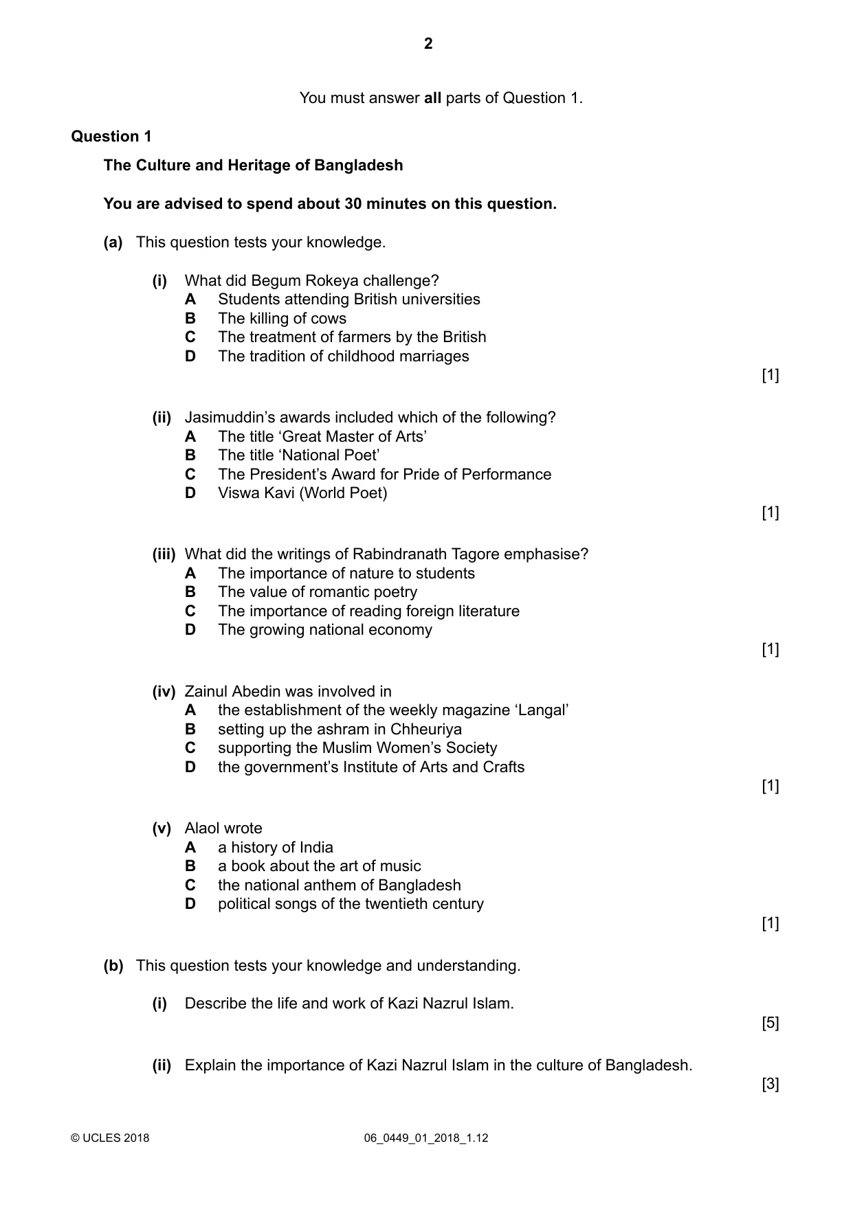 Cambridge IGCSE Bangladesh Studies 0449 2018 May/June Paper 1 · Variant 0 question paper, page 2 of 12
