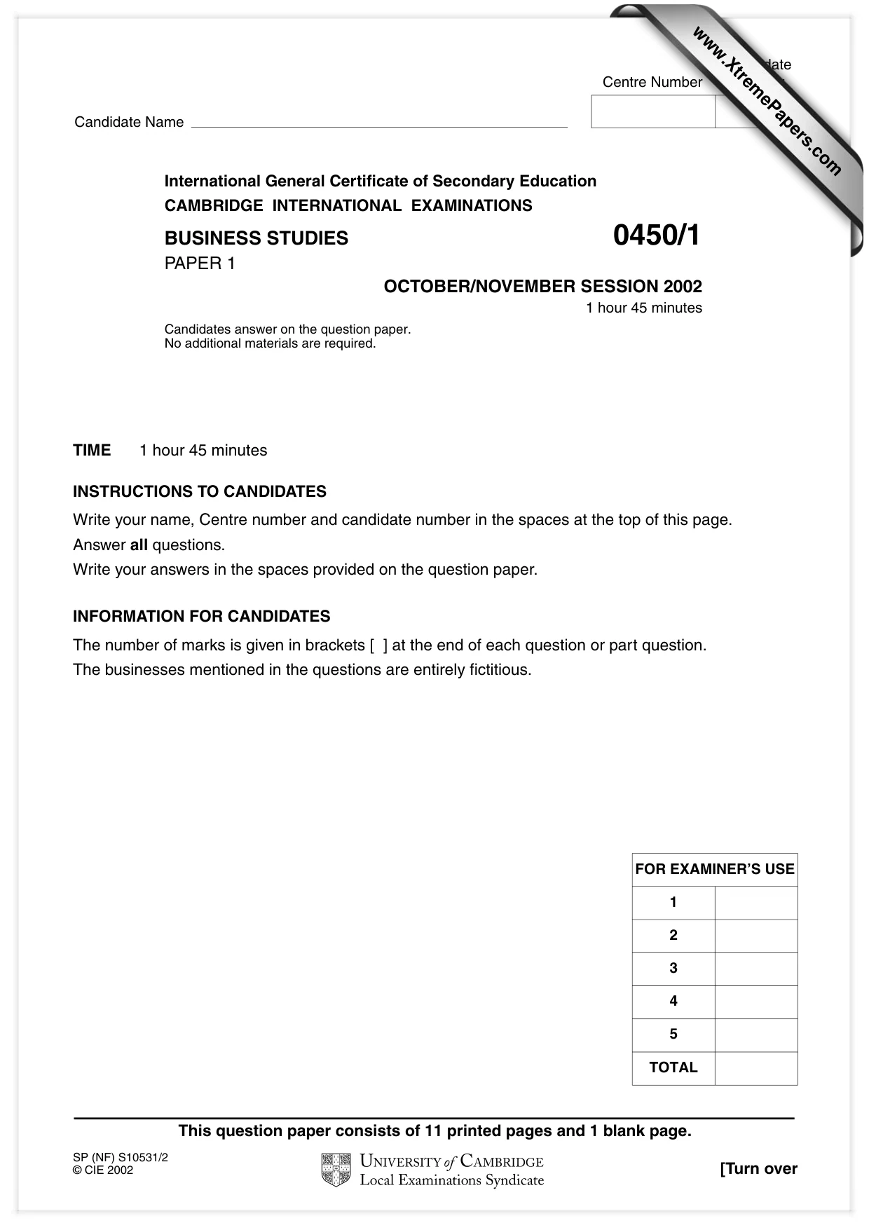 Cambridge IGCSE Business Studies 0450 2002 Oct/Nov Paper 1 · Variant 1 question paper, page 1 of 12