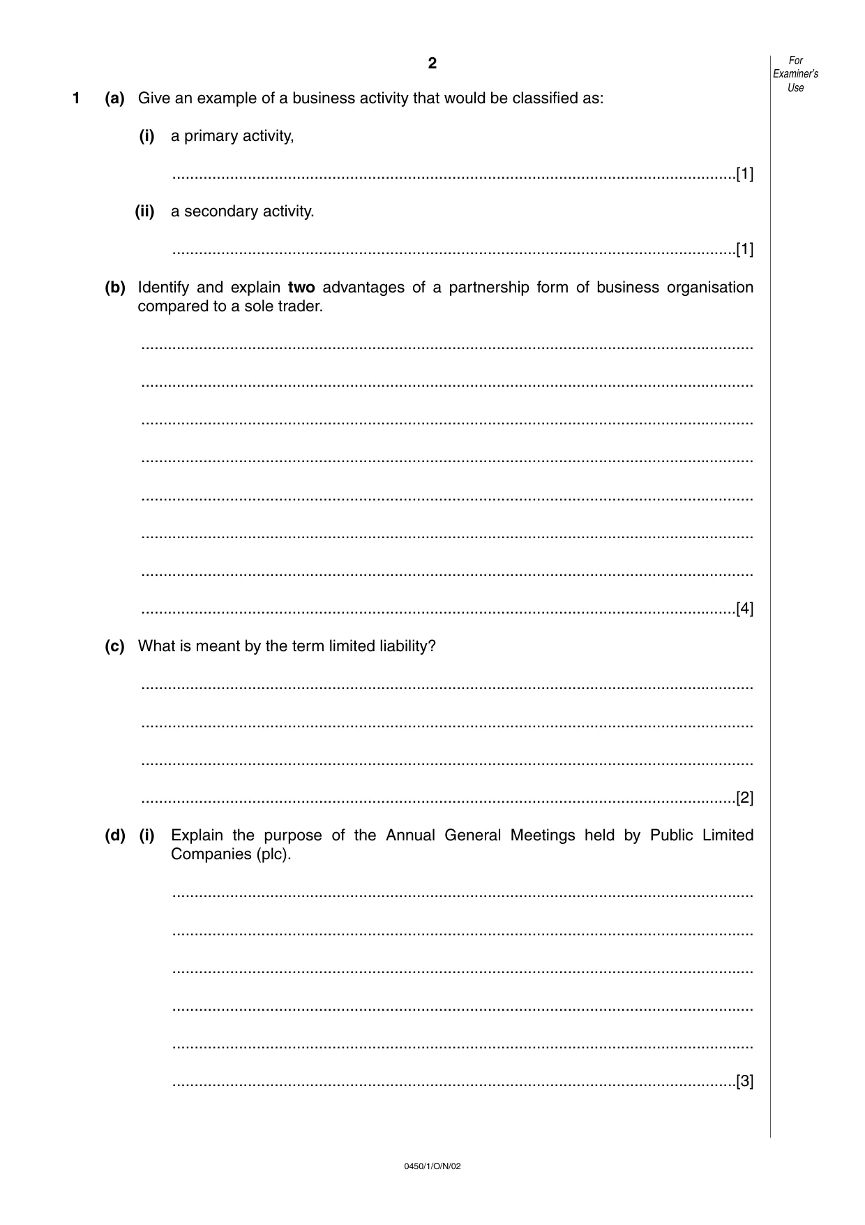 Cambridge IGCSE Business Studies 0450 2002 Oct/Nov Paper 1 · Variant 1 question paper, page 2 of 12
