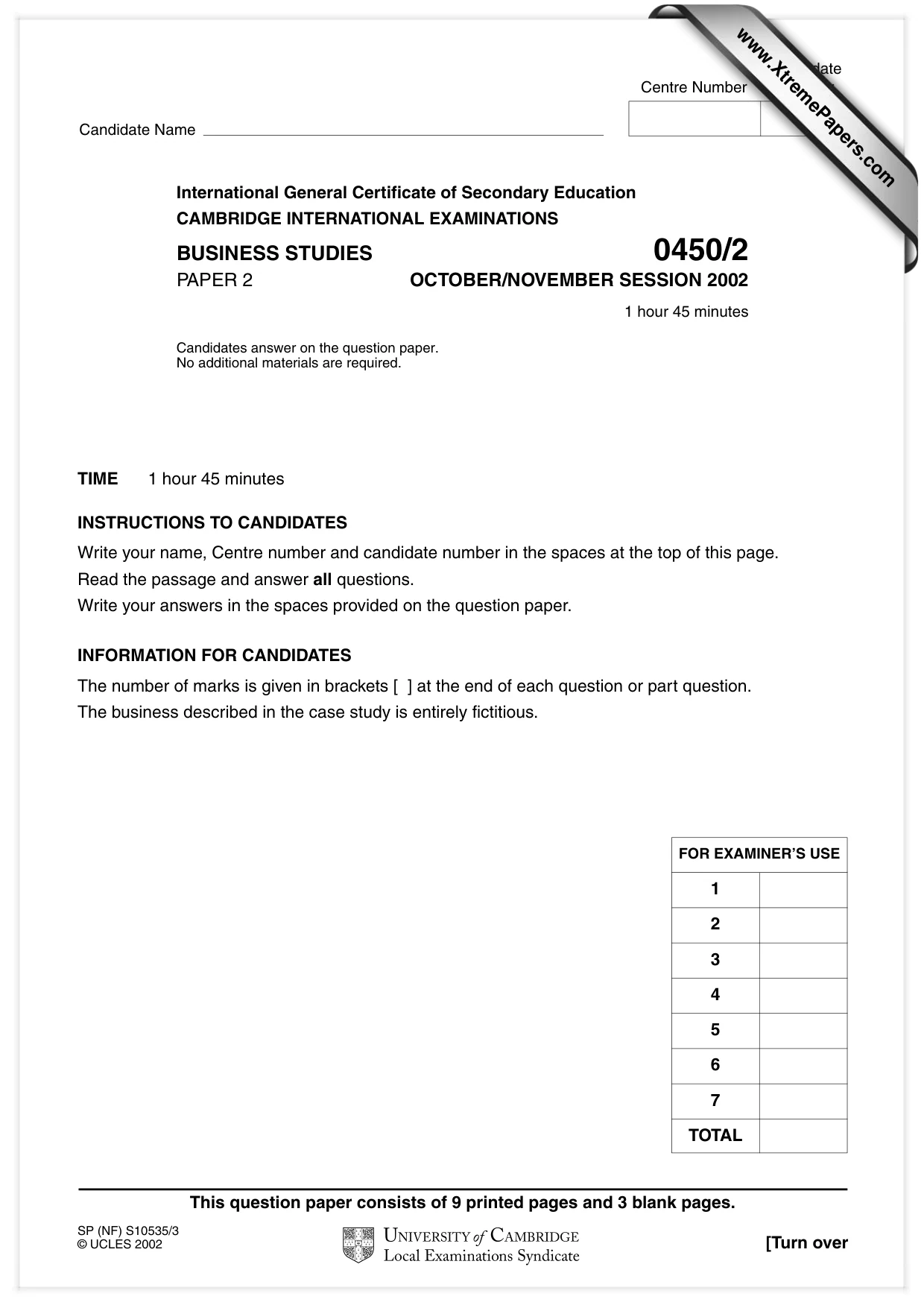 Cambridge IGCSE Business Studies 0450 2002 Oct/Nov Paper 2 · Variant 1 question paper, page 1 of 12