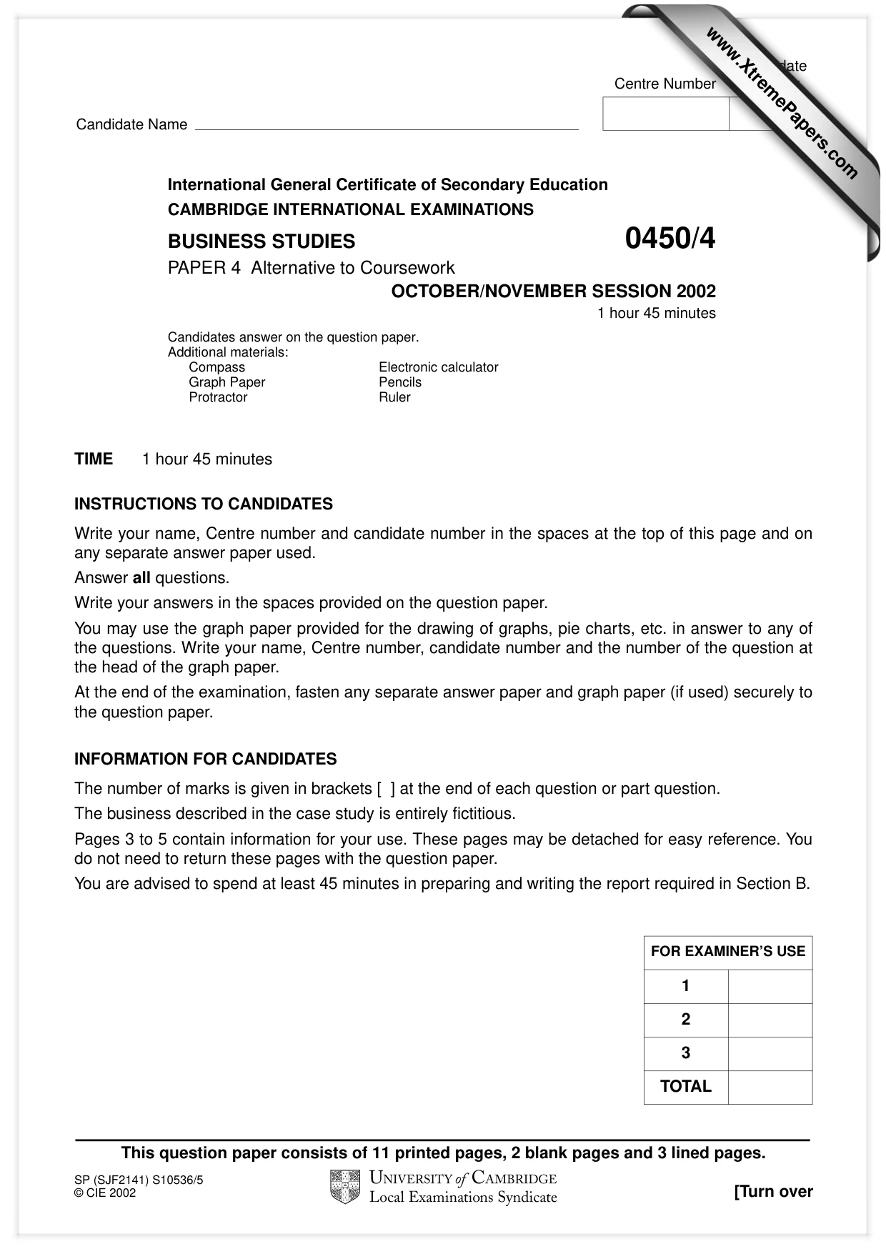 Cambridge IGCSE Business Studies 0450 2002 Oct/Nov Paper 4 · Variant 1 question paper, page 1 of 16