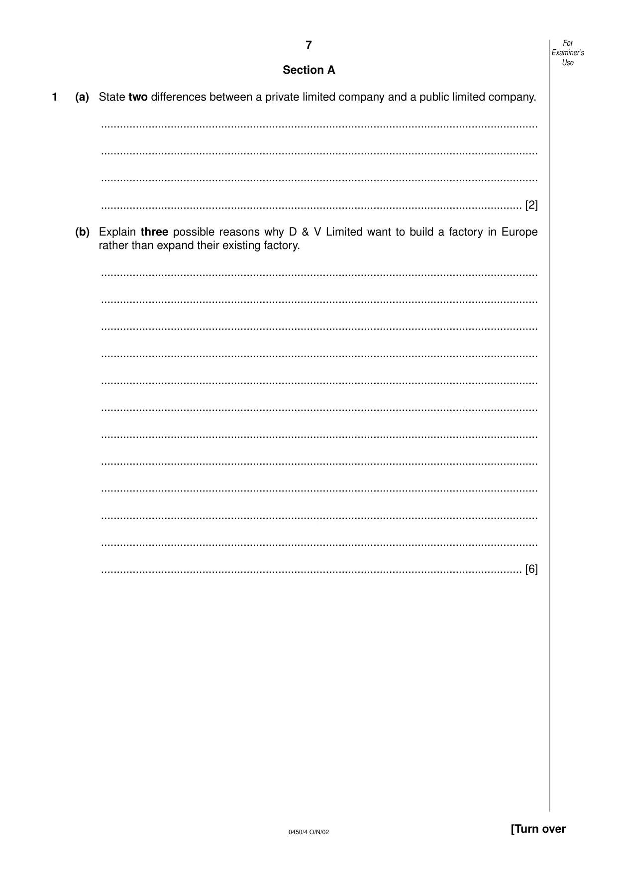 Cambridge IGCSE Business Studies 0450 2002 Oct/Nov Paper 4 · Variant 1 question paper, page 7 of 16