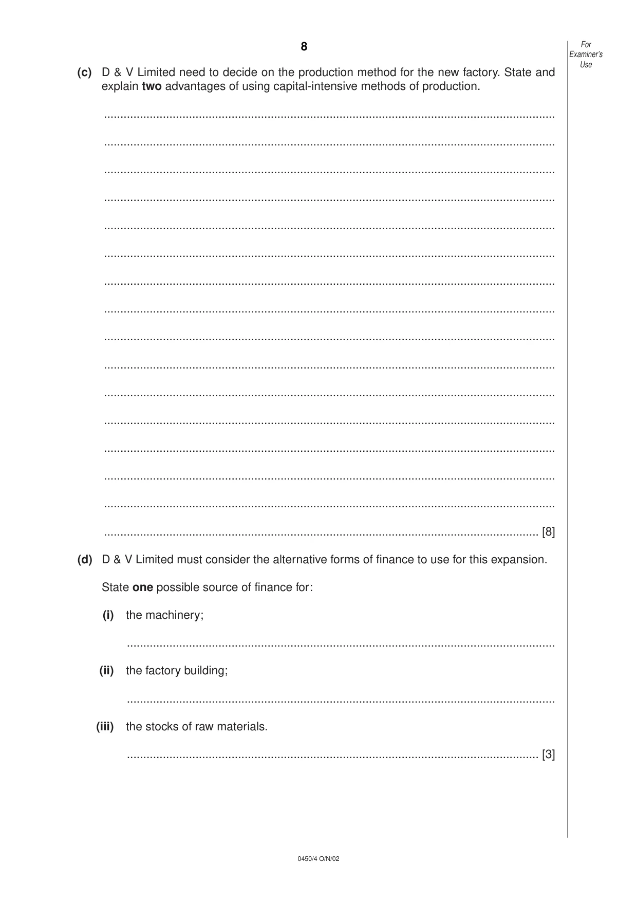 Cambridge IGCSE Business Studies 0450 2002 Oct/Nov Paper 4 · Variant 1 question paper, page 8 of 16