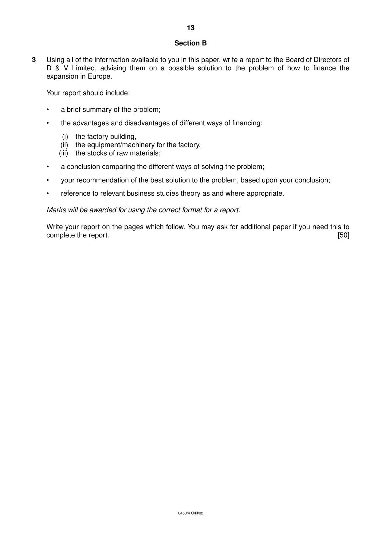Cambridge IGCSE Business Studies 0450 2002 Oct/Nov Paper 4 · Variant 1 question paper, page 13 of 16