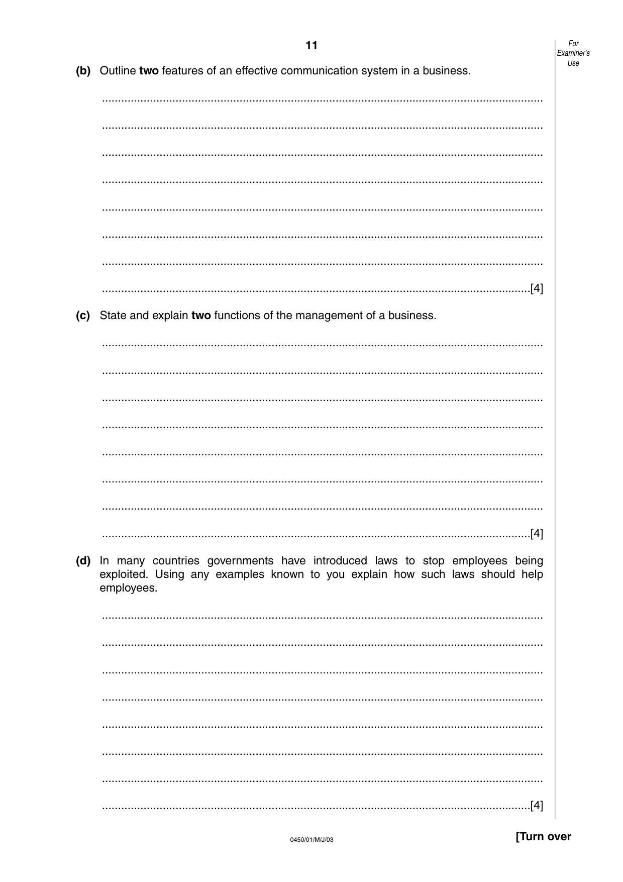 Cambridge IGCSE Business Studies 0450 2003 May/June Paper 1 · Variant 1 question paper, page 11 of 16