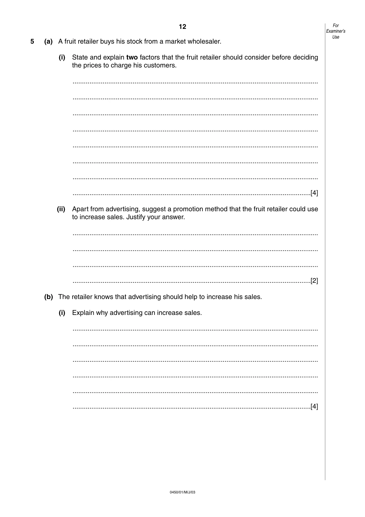 Cambridge IGCSE Business Studies 0450 2003 May/June Paper 1 · Variant 1 question paper, page 12 of 16