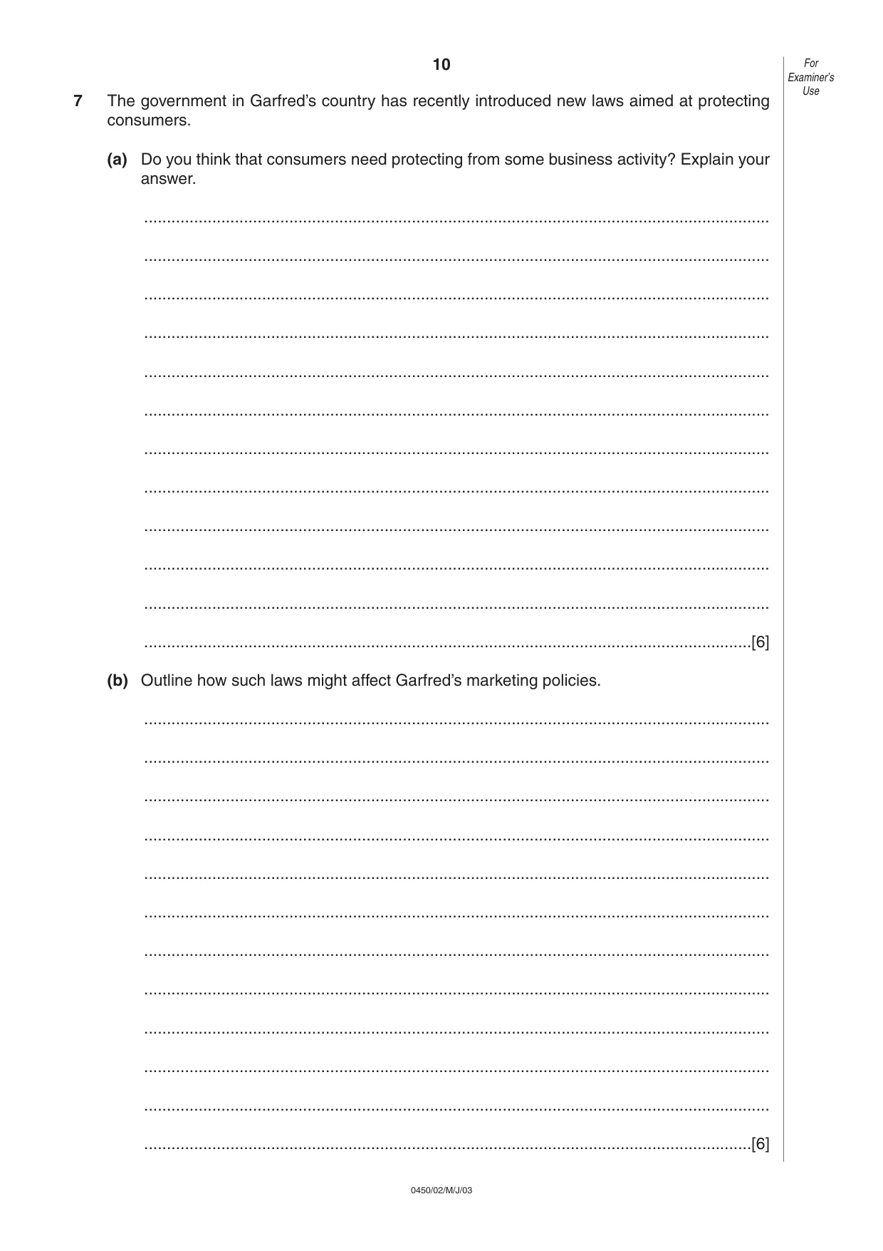 Cambridge IGCSE Business Studies 0450 2003 May/June Paper 2 · Variant 1 question paper, page 10 of 12