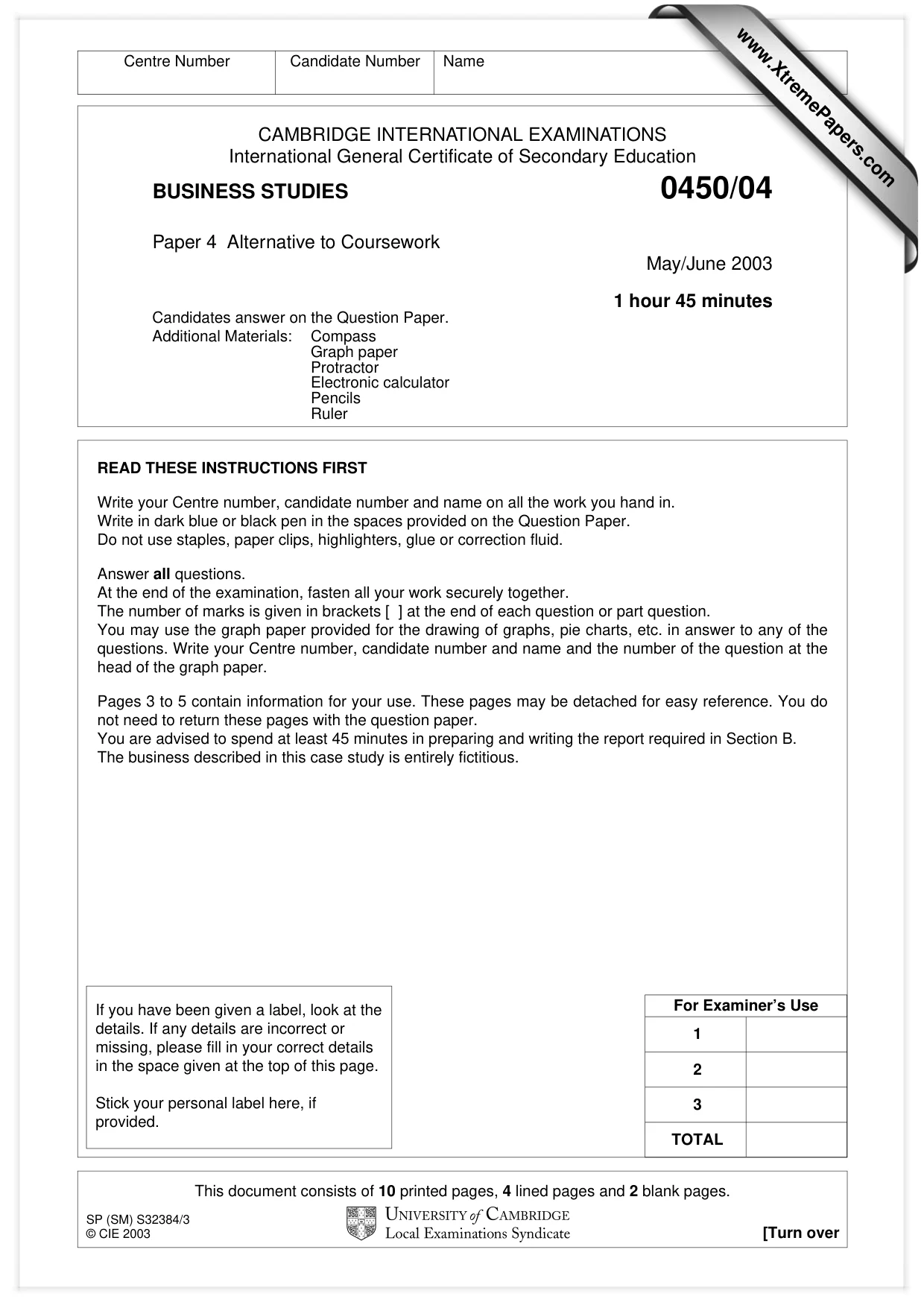 Cambridge IGCSE Business Studies 0450 2003 May/June Paper 4 · Variant 1 question paper, page 1 of 16