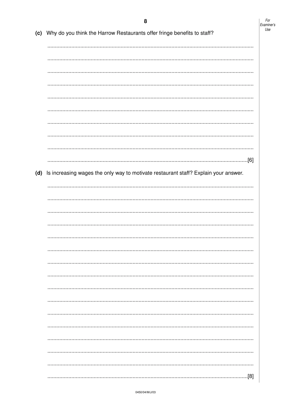 Cambridge IGCSE Business Studies 0450 2003 May/June Paper 4 · Variant 1 question paper, page 8 of 16