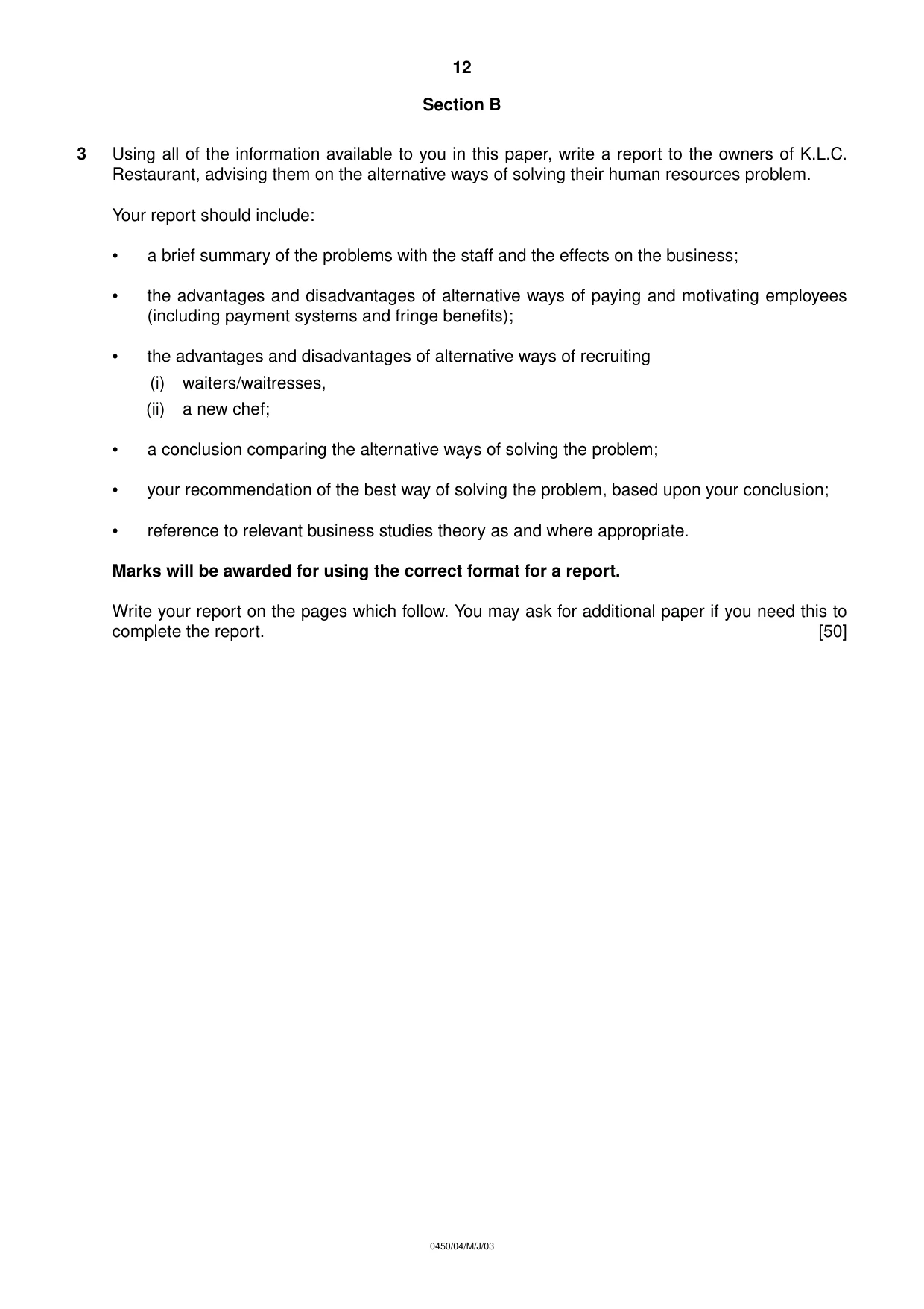 Cambridge IGCSE Business Studies 0450 2003 May/June Paper 4 · Variant 1 question paper, page 12 of 16