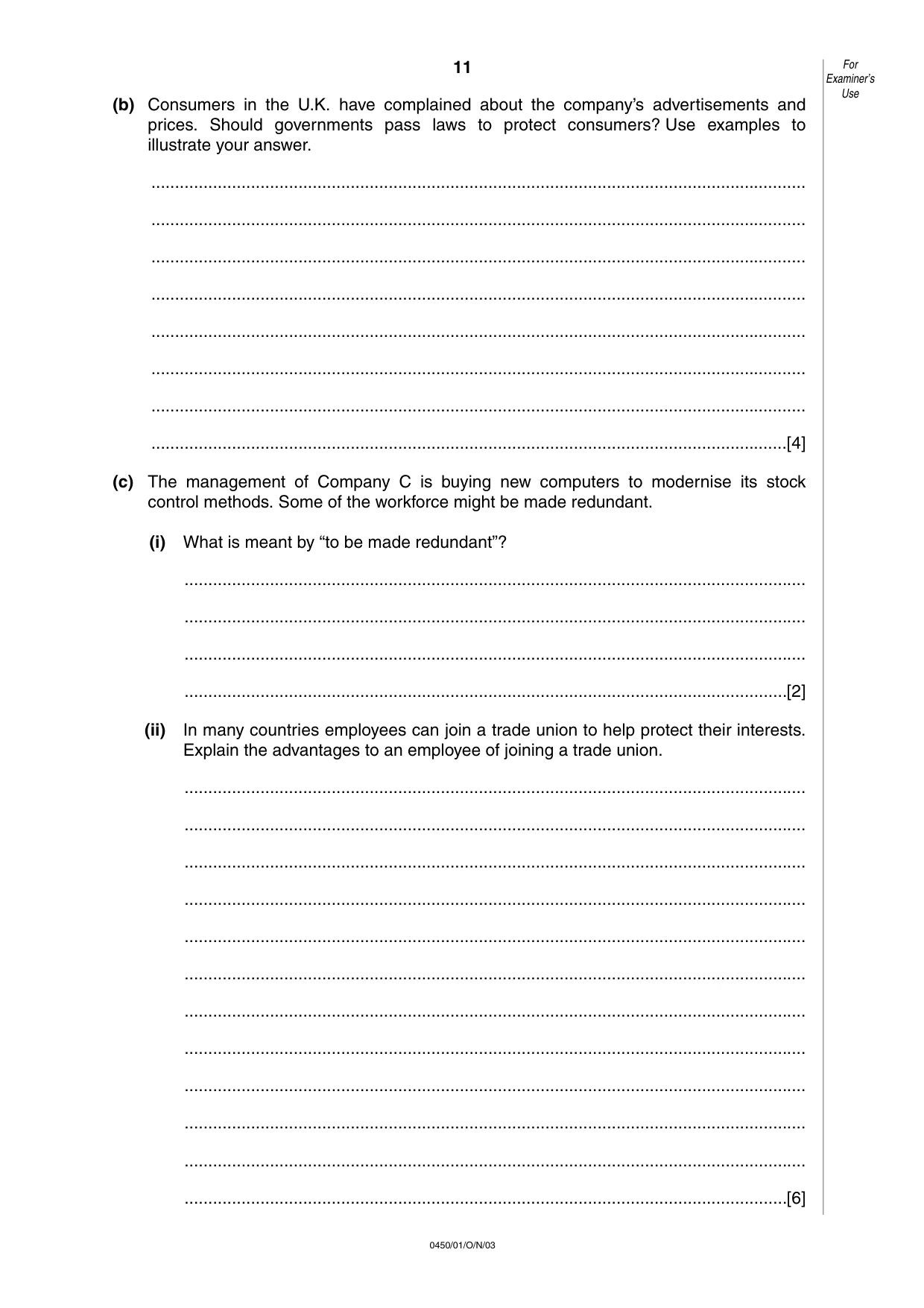 Cambridge IGCSE Business Studies 0450 2003 Oct/Nov Paper 1 · Variant 1 question paper, page 11 of 12