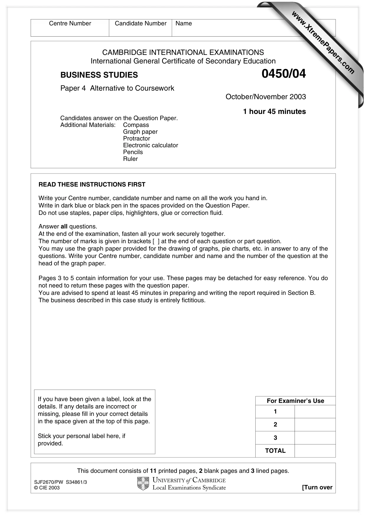 Cambridge IGCSE Business Studies 0450 2003 Oct/Nov Paper 4 · Variant 1 question paper, page 1 of 16