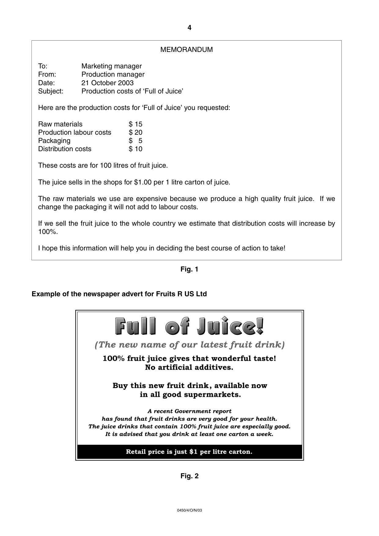 Cambridge IGCSE Business Studies 0450 2003 Oct/Nov Paper 4 · Variant 1 question paper, page 4 of 16