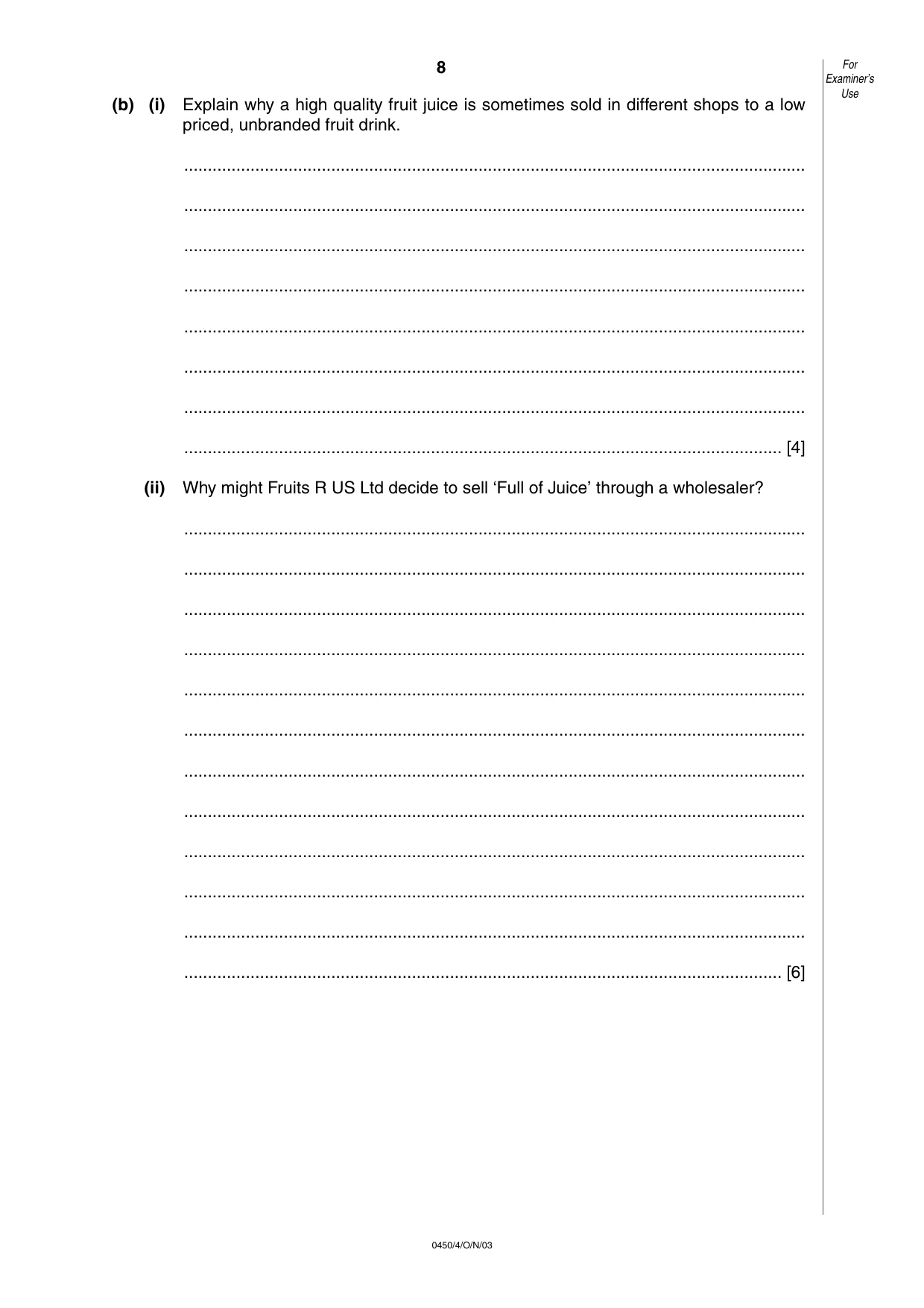 Cambridge IGCSE Business Studies 0450 2003 Oct/Nov Paper 4 · Variant 1 question paper, page 8 of 16