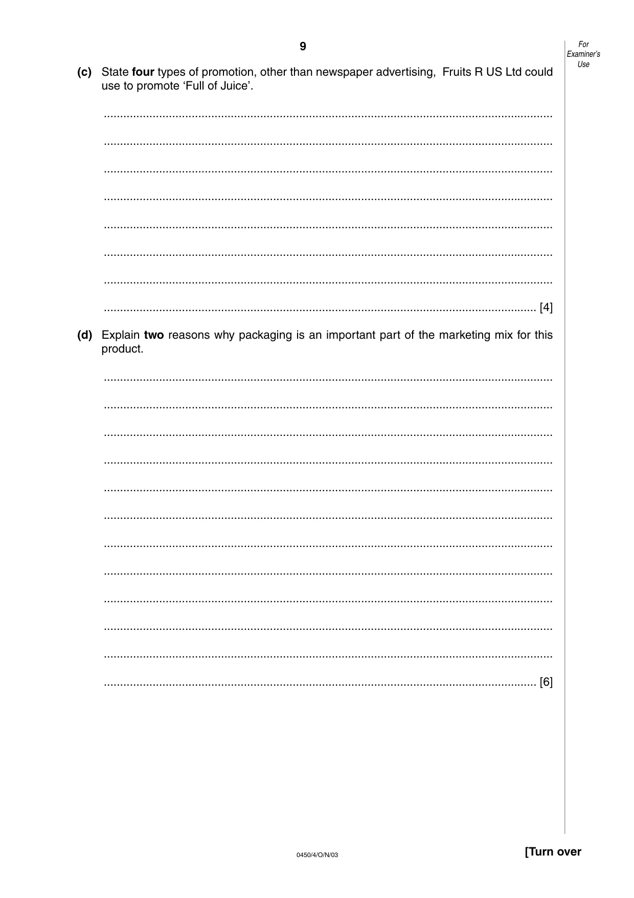 Cambridge IGCSE Business Studies 0450 2003 Oct/Nov Paper 4 · Variant 1 question paper, page 9 of 16