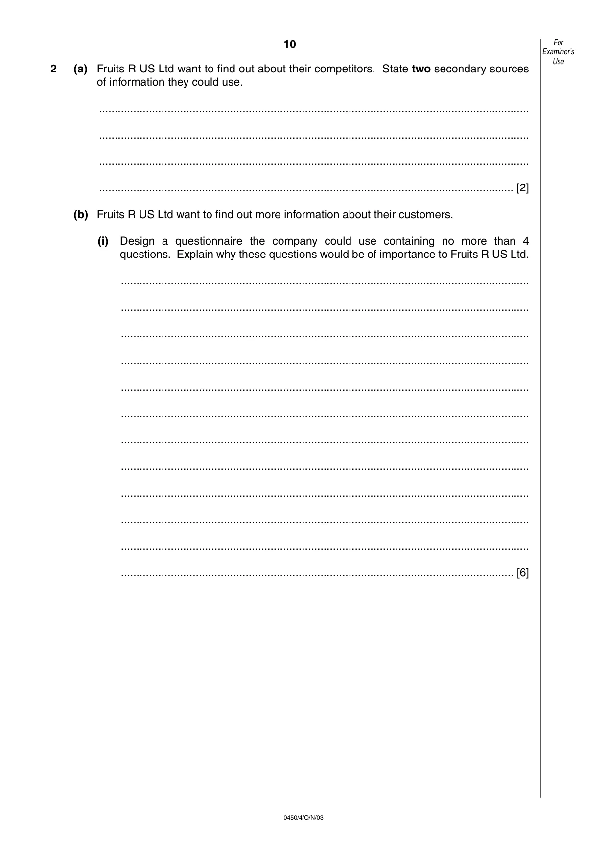 Cambridge IGCSE Business Studies 0450 2003 Oct/Nov Paper 4 · Variant 1 question paper, page 10 of 16