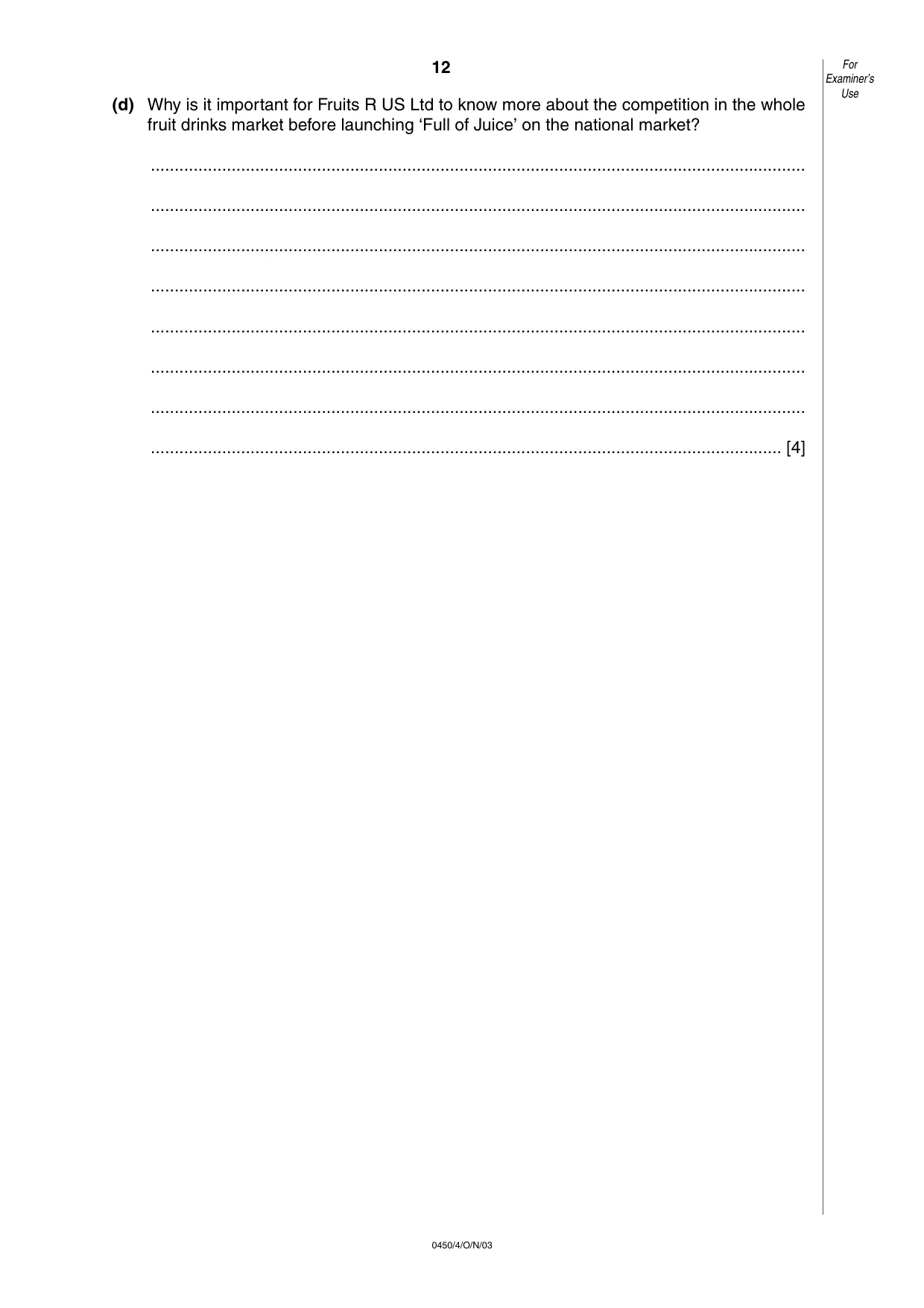 Cambridge IGCSE Business Studies 0450 2003 Oct/Nov Paper 4 · Variant 1 question paper, page 12 of 16