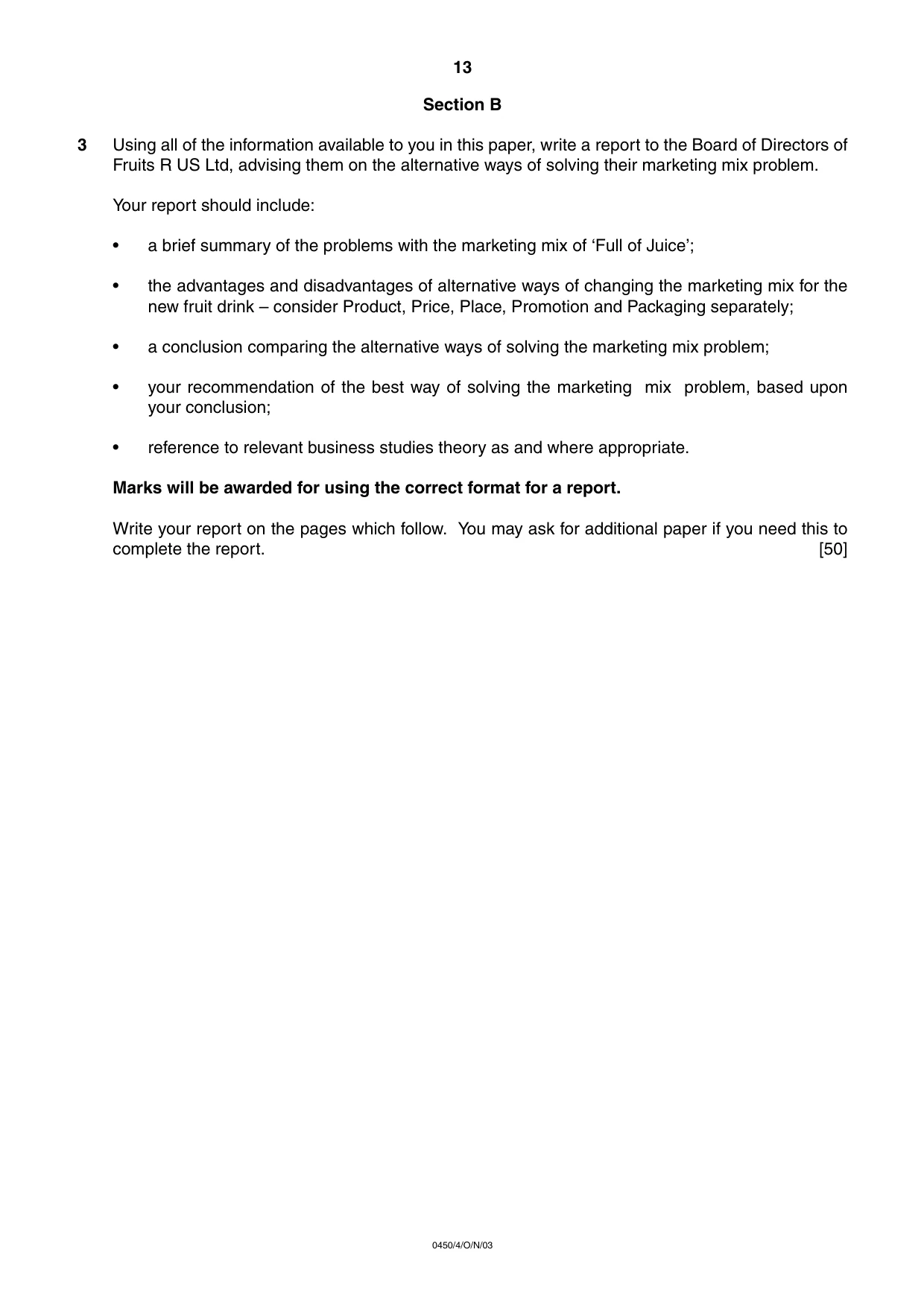 Cambridge IGCSE Business Studies 0450 2003 Oct/Nov Paper 4 · Variant 1 question paper, page 13 of 16