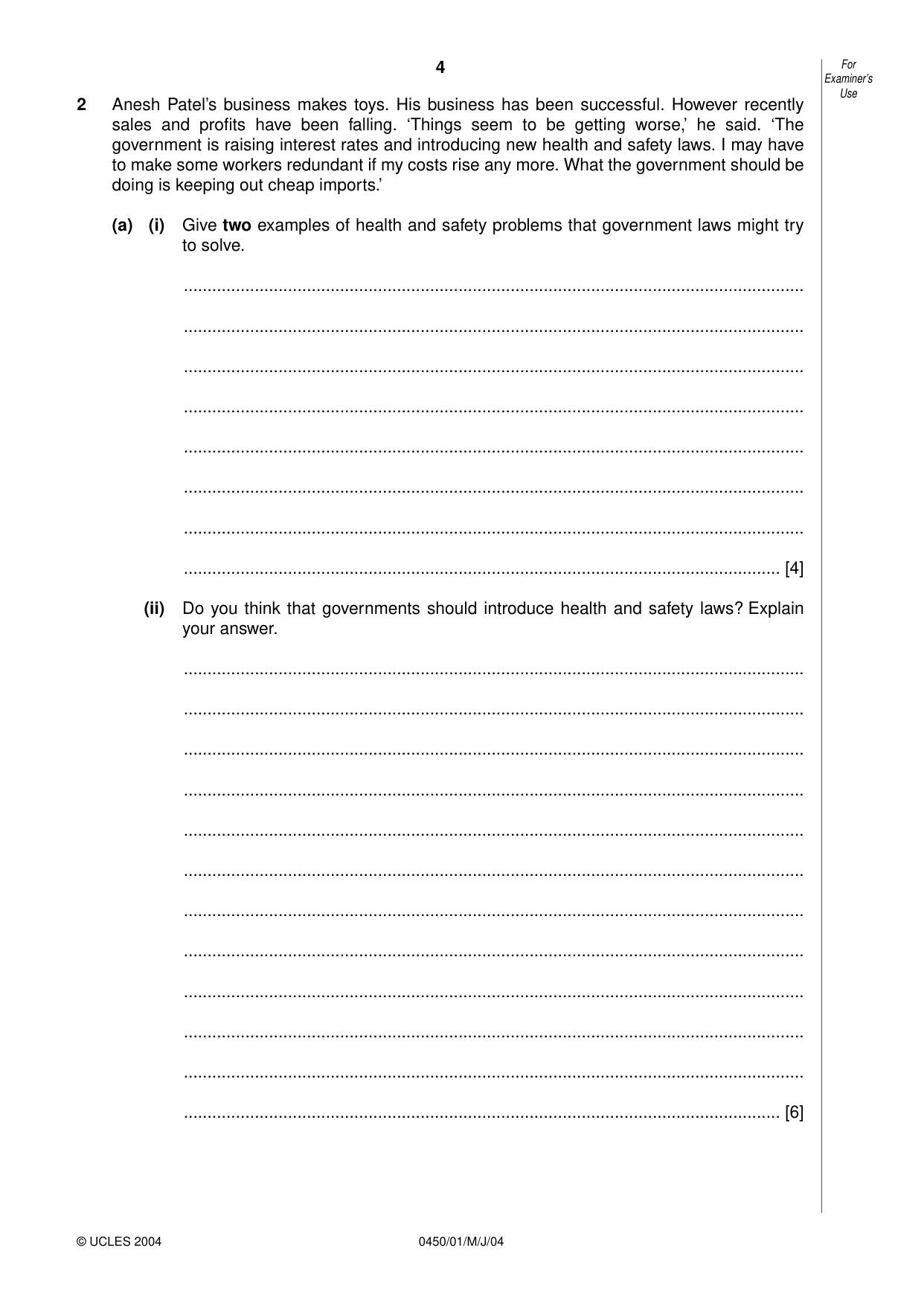 Cambridge IGCSE Business Studies 0450 2004 May/June Paper 1 · Variant 1 question paper, page 4 of 12