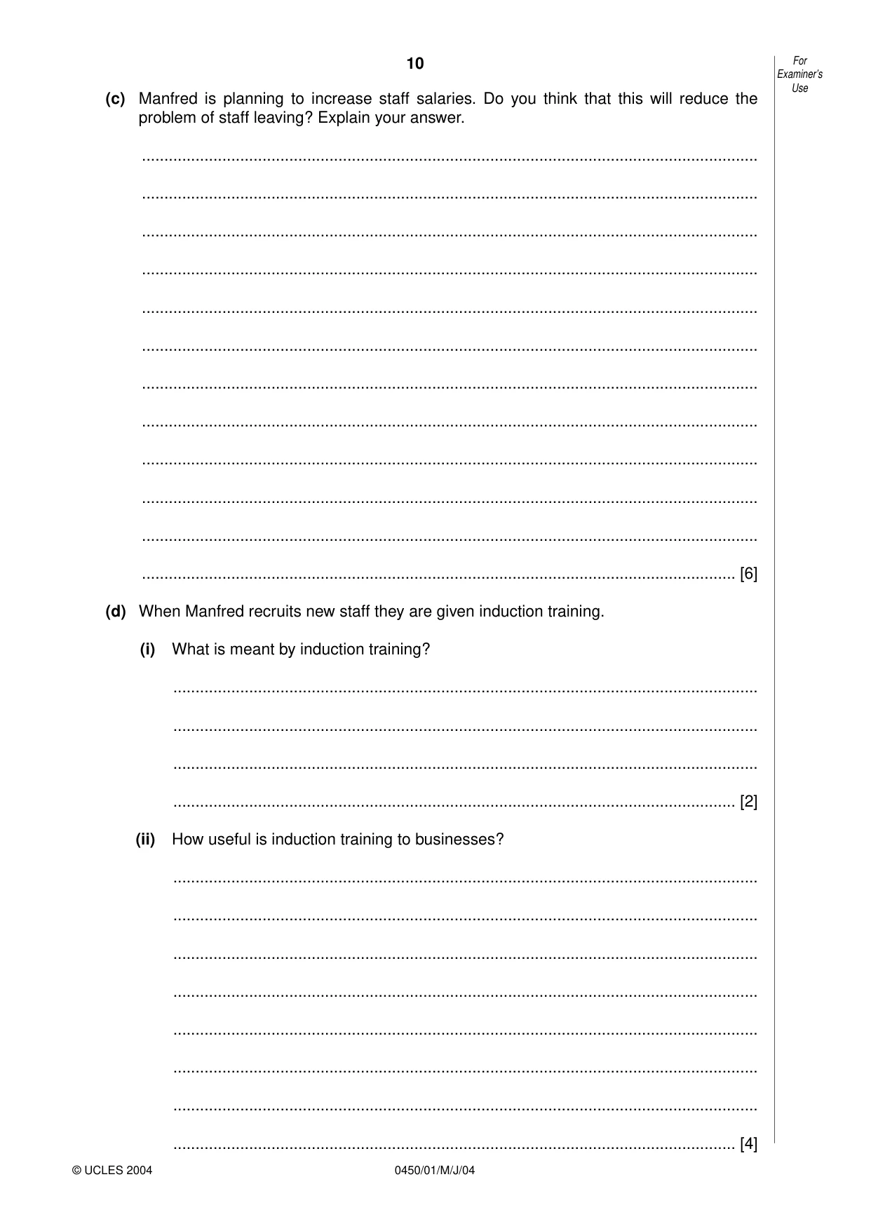 Cambridge IGCSE Business Studies 0450 2004 May/June Paper 1 · Variant 1 question paper, page 10 of 12