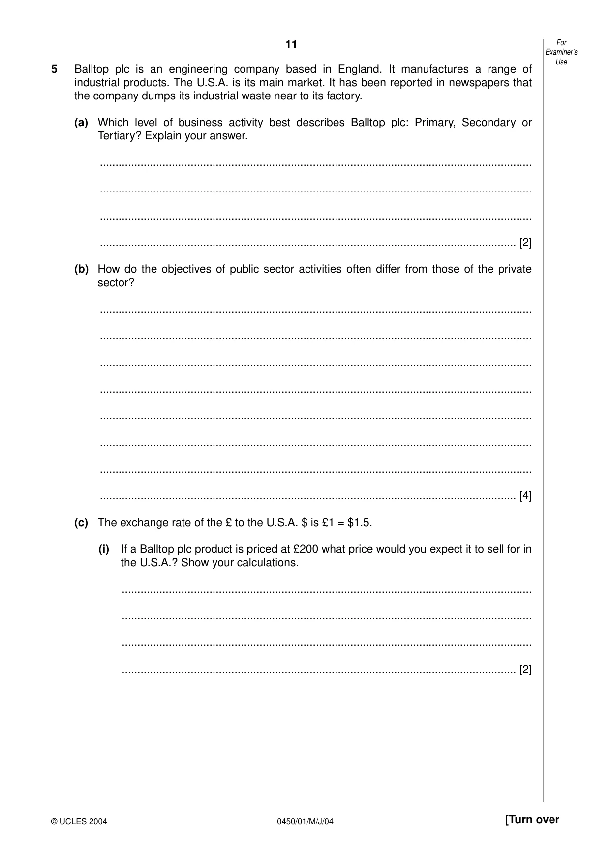 Cambridge IGCSE Business Studies 0450 2004 May/June Paper 1 · Variant 1 question paper, page 11 of 12
