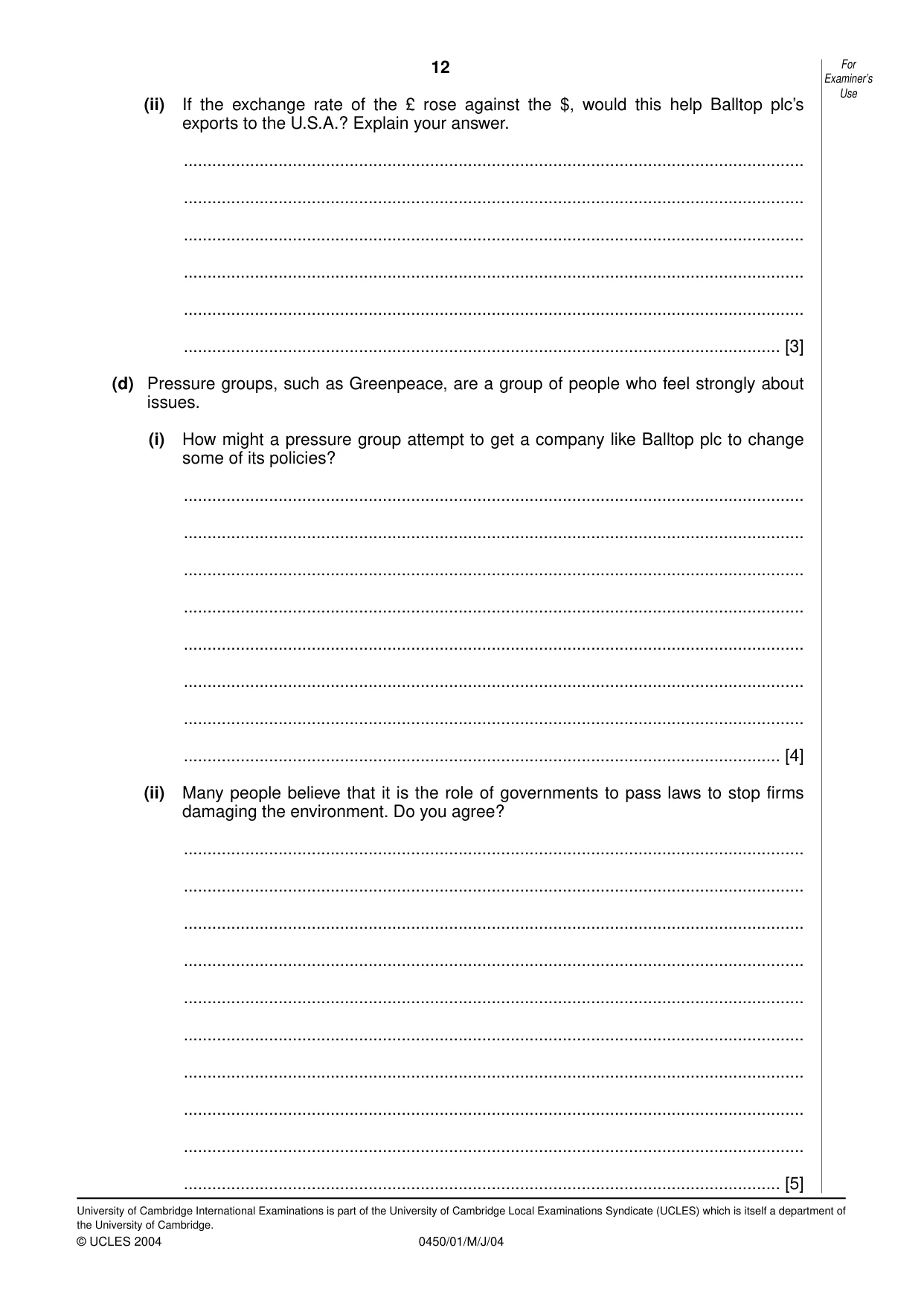 Cambridge IGCSE Business Studies 0450 2004 May/June Paper 1 · Variant 1 question paper, page 12 of 12