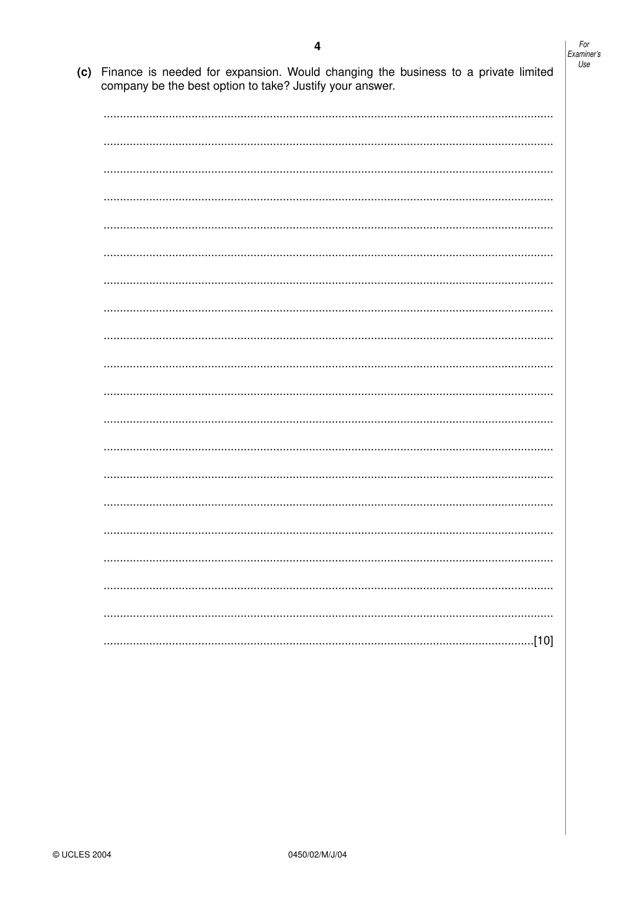 Cambridge IGCSE Business Studies 0450 2004 May/June Paper 2 · Variant 1 question paper, page 4 of 12