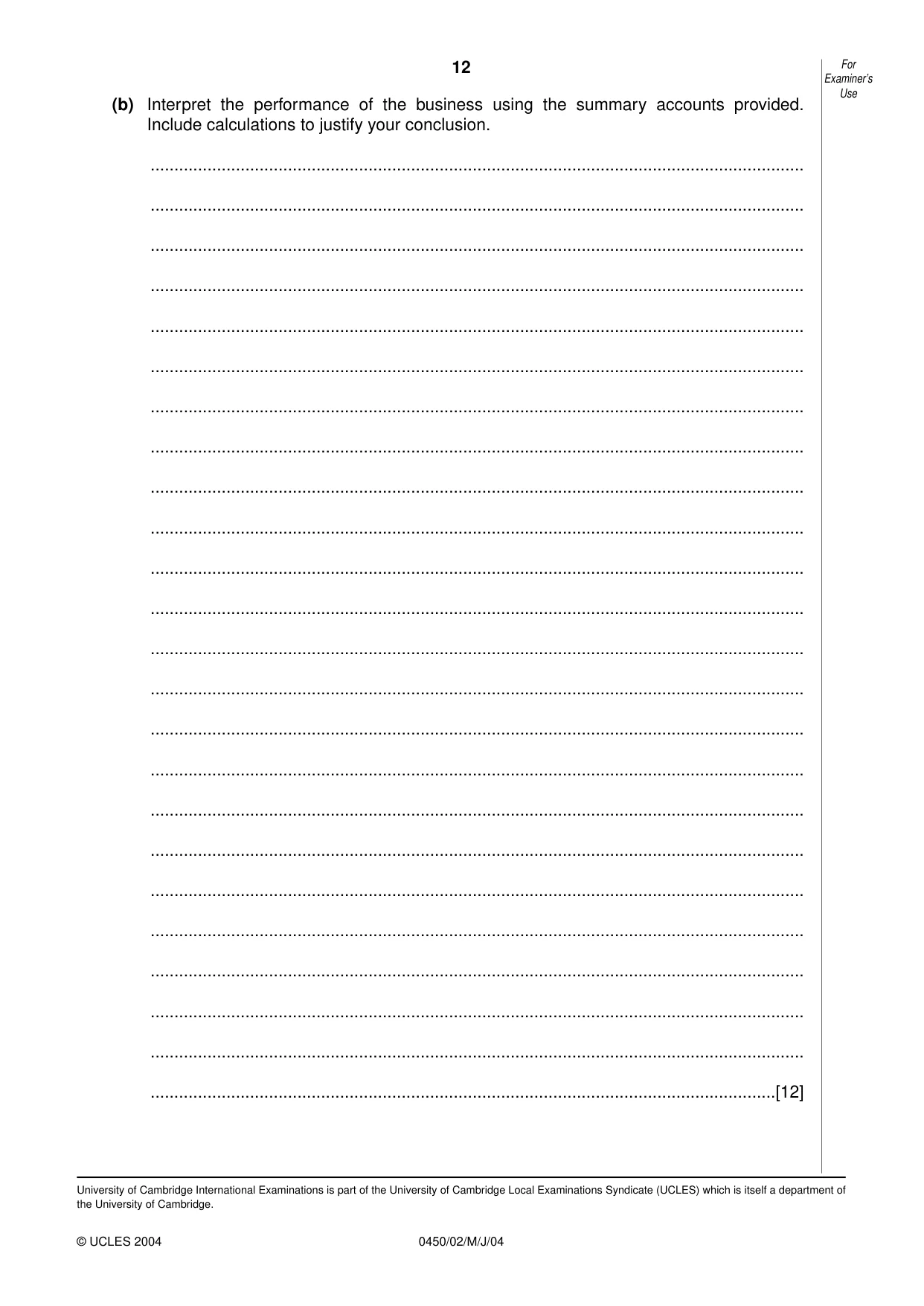 Cambridge IGCSE Business Studies 0450 2004 May/June Paper 2 · Variant 1 question paper, page 12 of 12