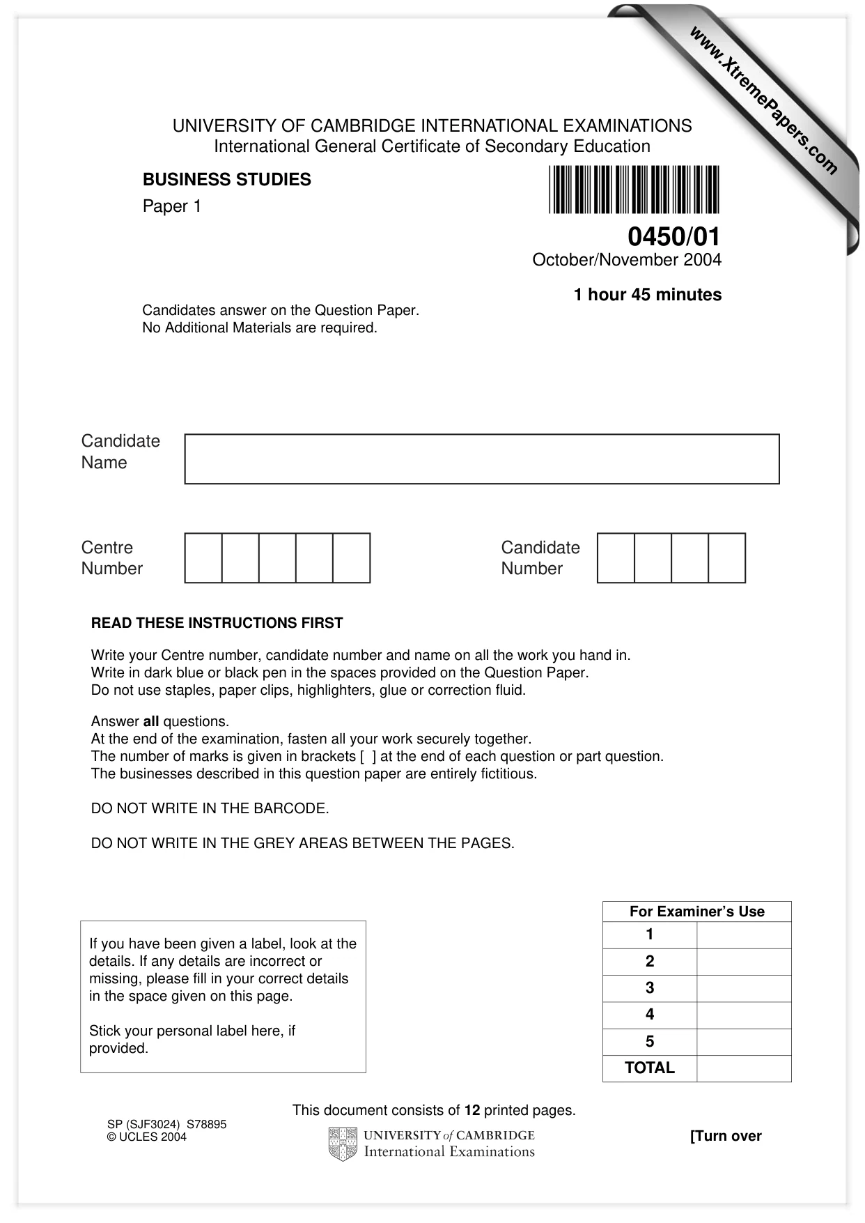Cambridge IGCSE Business Studies 0450 2004 Oct/Nov Paper 1 · Variant 1 question paper, page 1 of 12