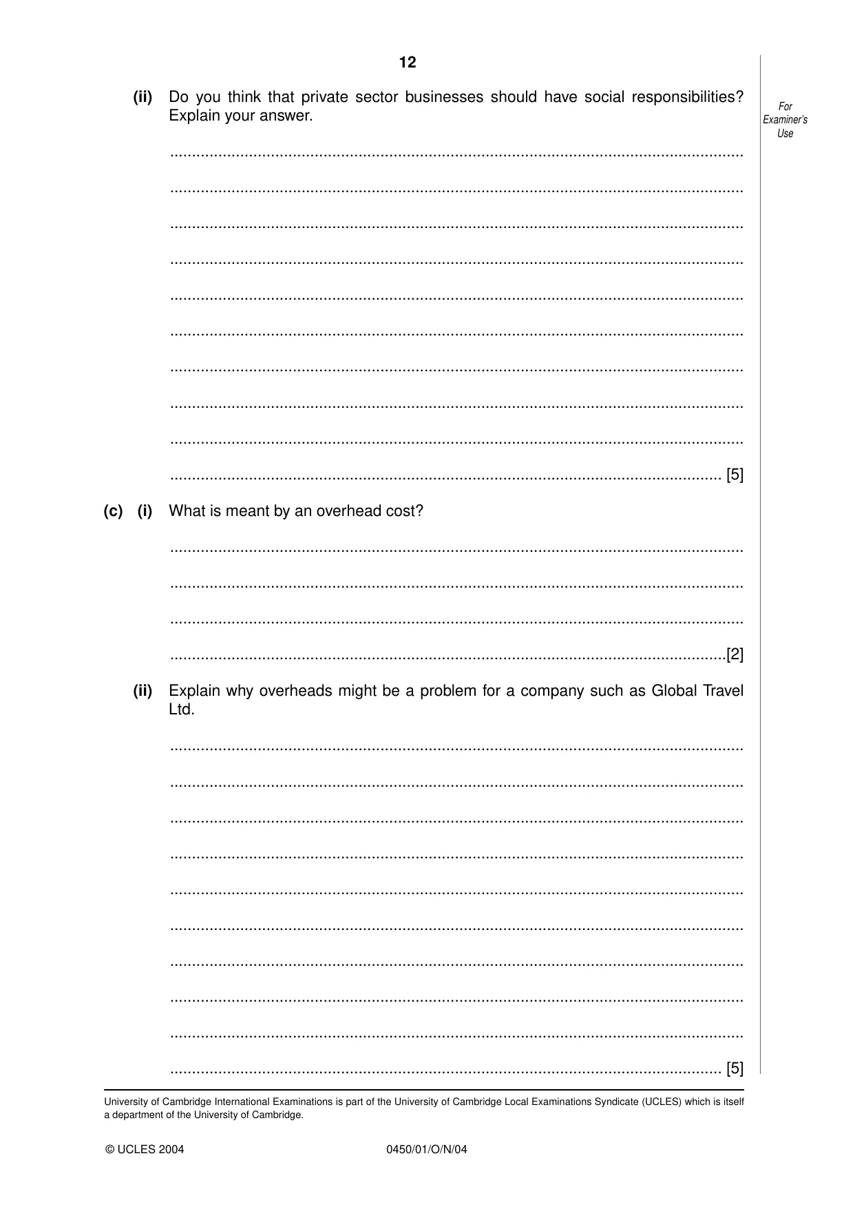 Cambridge IGCSE Business Studies 0450 2004 Oct/Nov Paper 1 · Variant 1 question paper, page 12 of 12