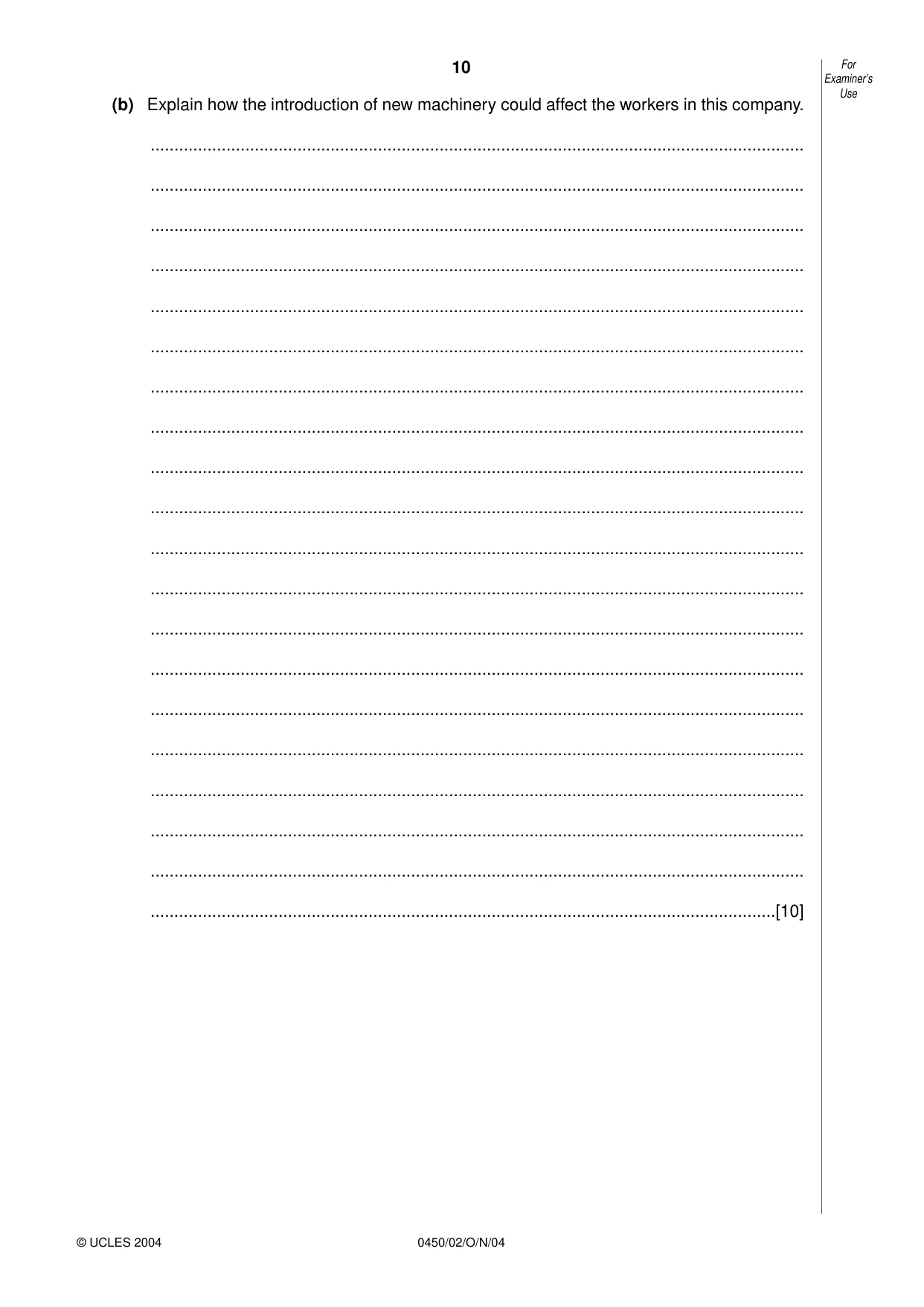 Cambridge IGCSE Business Studies 0450 2004 Oct/Nov Paper 2 · Variant 1 question paper, page 10 of 12
