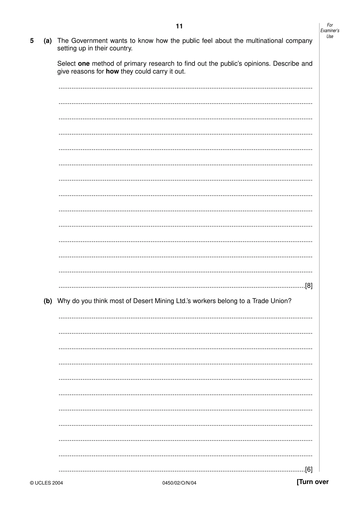 Cambridge IGCSE Business Studies 0450 2004 Oct/Nov Paper 2 · Variant 1 question paper, page 11 of 12