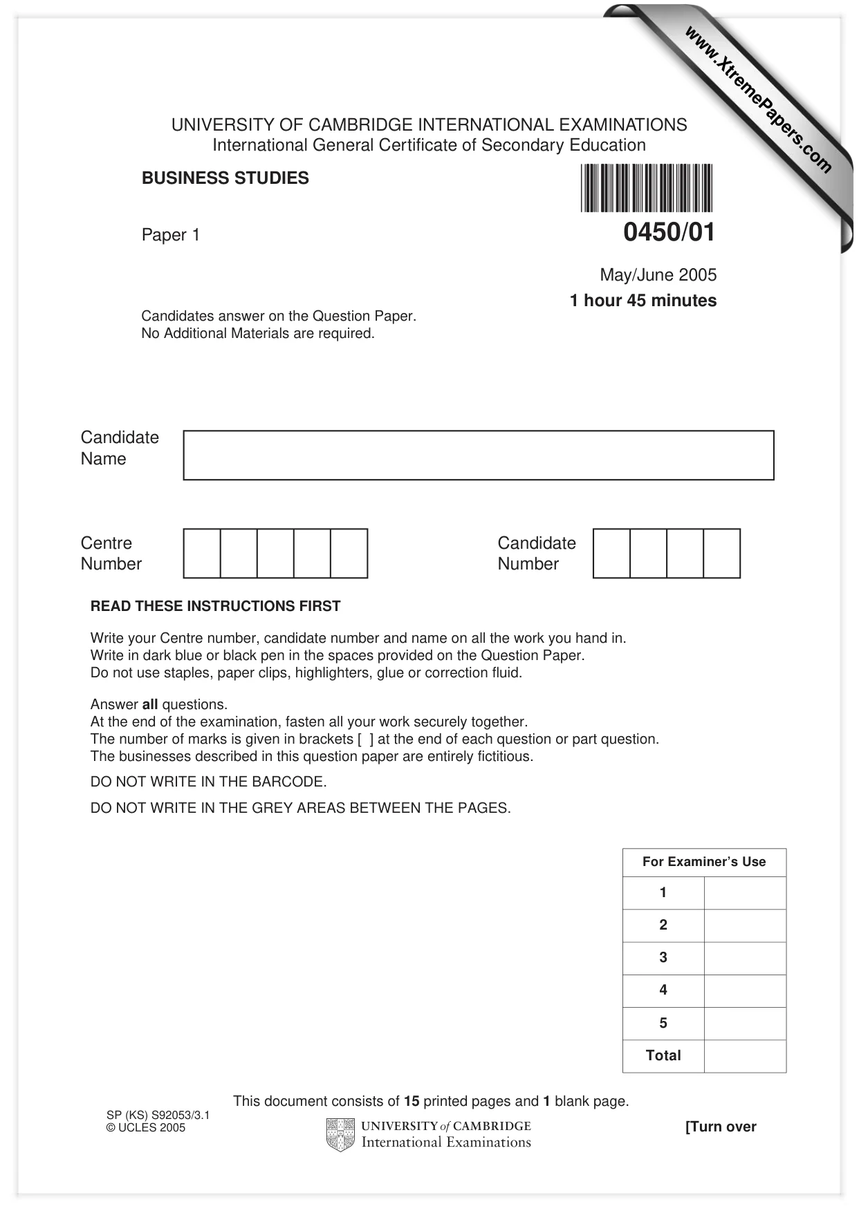 Cambridge IGCSE Business Studies 0450 2005 May/June Paper 1 · Variant 1 question paper, page 1 of 16