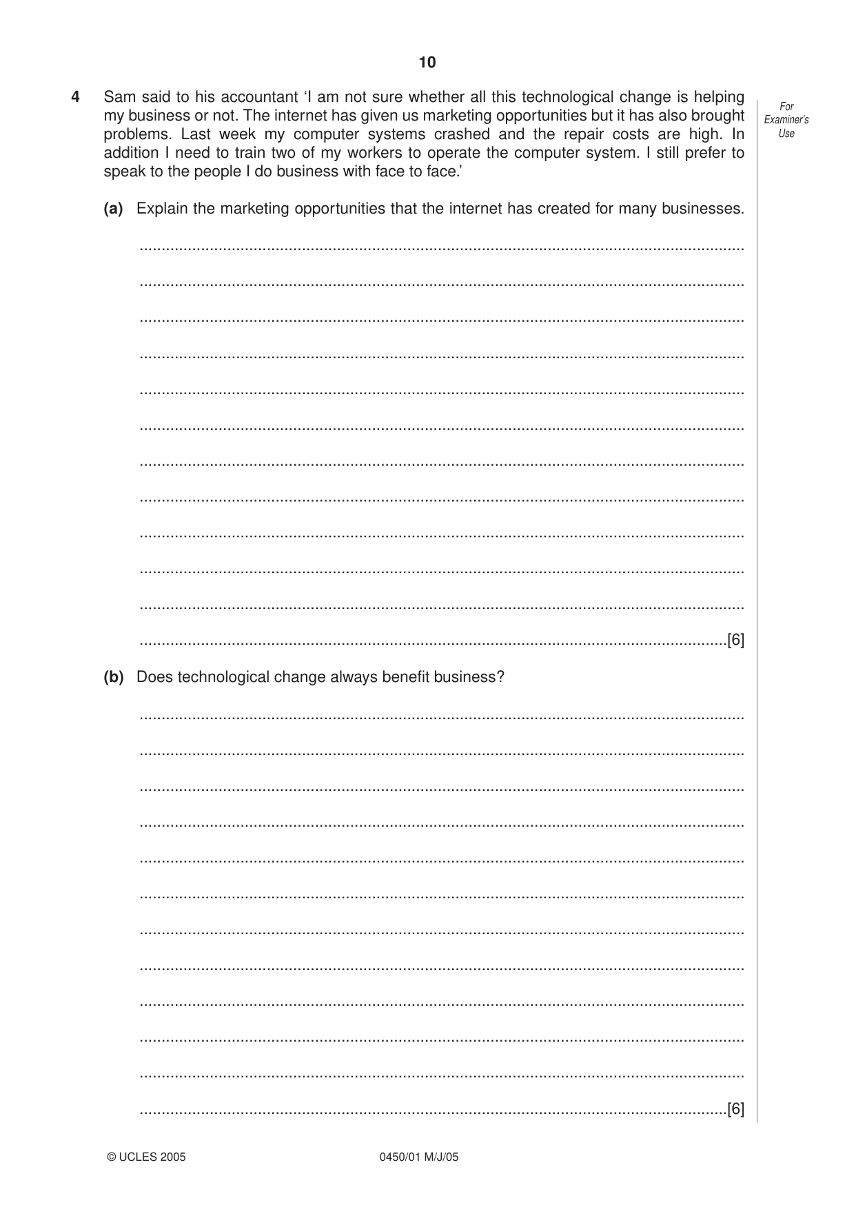 Cambridge IGCSE Business Studies 0450 2005 May/June Paper 1 · Variant 1 question paper, page 10 of 16