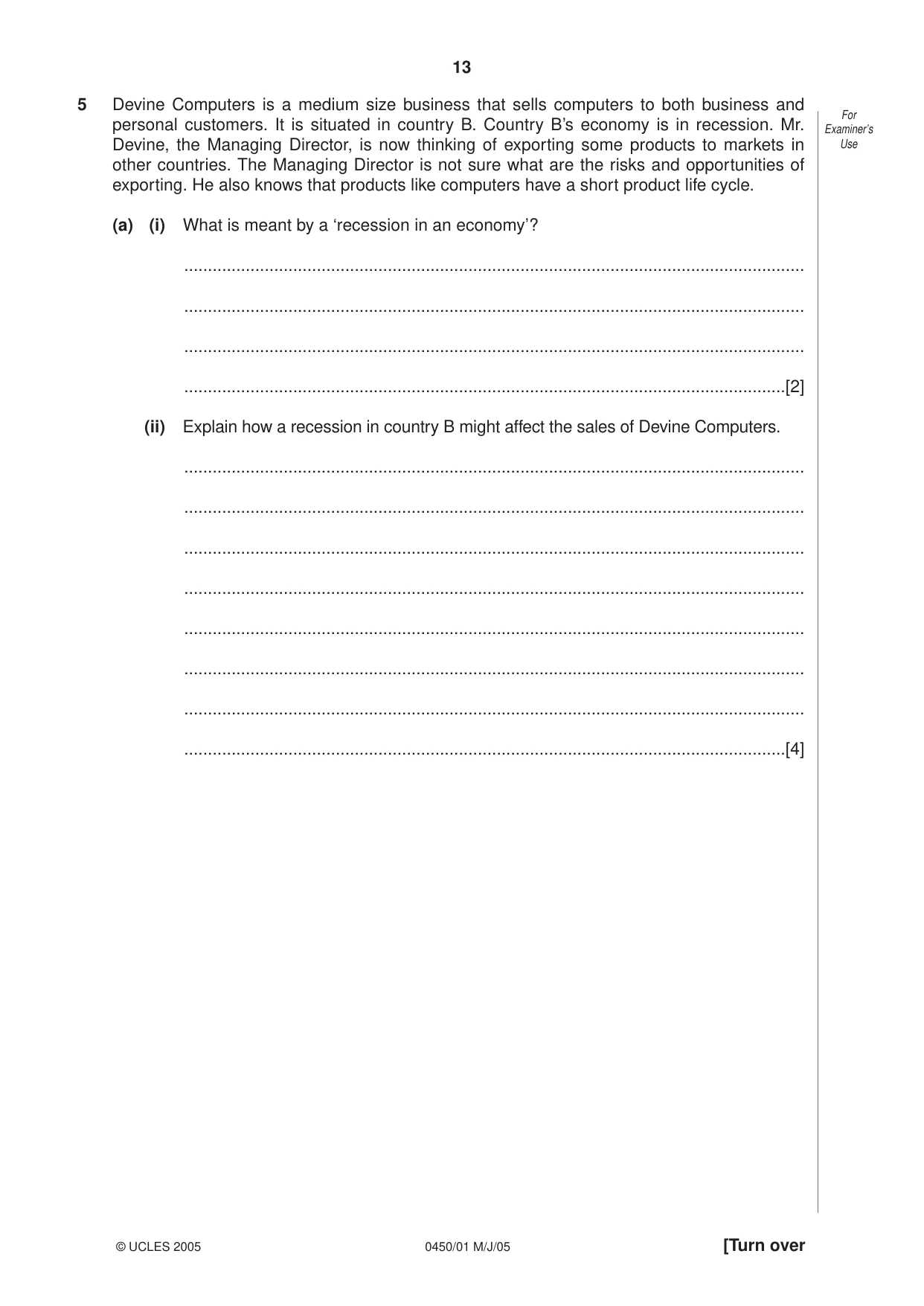 Cambridge IGCSE Business Studies 0450 2005 May/June Paper 1 · Variant 1 question paper, page 13 of 16