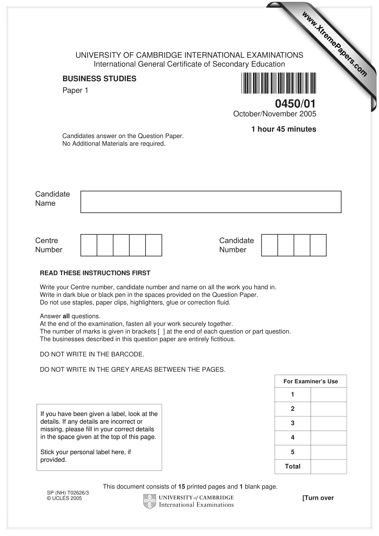 Cambridge IGCSE Business Studies 0450 2005 Oct/Nov Paper 1 · Variant 1 question paper, page 1 of 16
