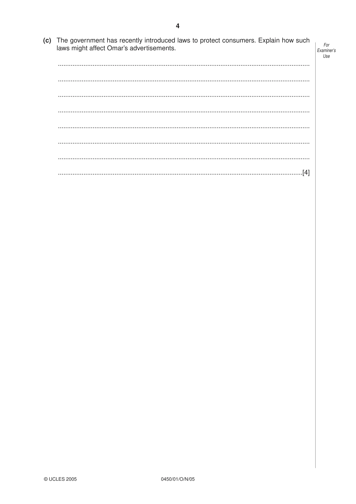 Cambridge IGCSE Business Studies 0450 2005 Oct/Nov Paper 1 · Variant 1 question paper, page 4 of 16