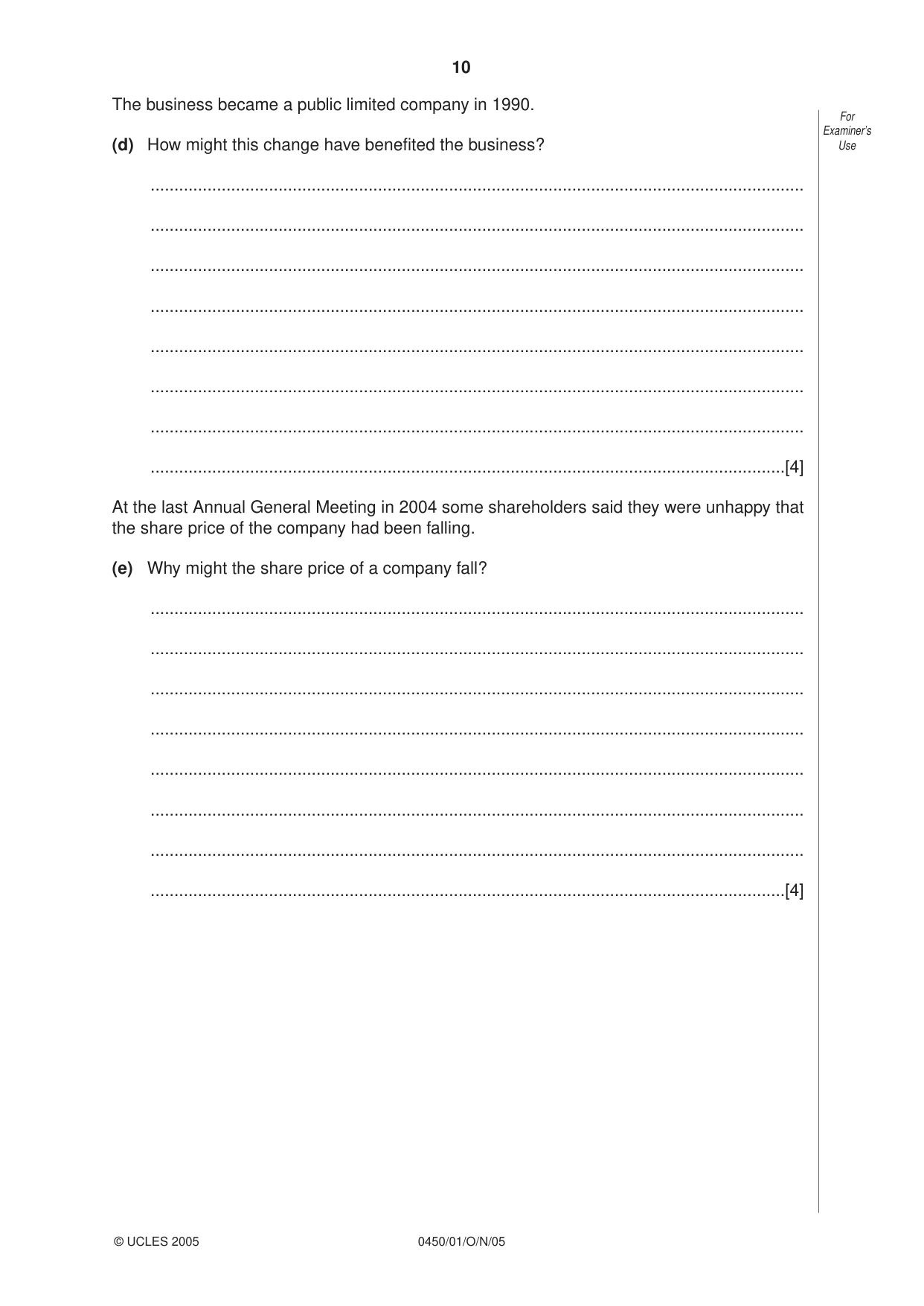 Cambridge IGCSE Business Studies 0450 2005 Oct/Nov Paper 1 · Variant 1 question paper, page 10 of 16