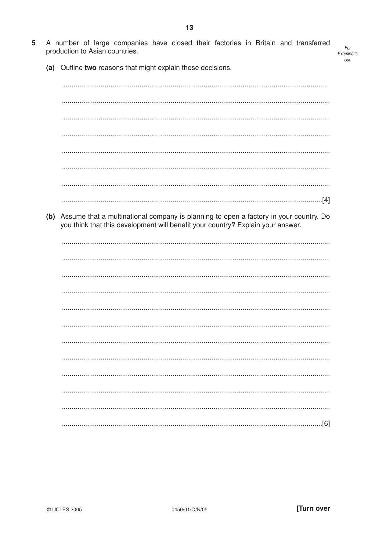 Cambridge IGCSE Business Studies 0450 2005 Oct/Nov Paper 1 · Variant 1 question paper, page 13 of 16