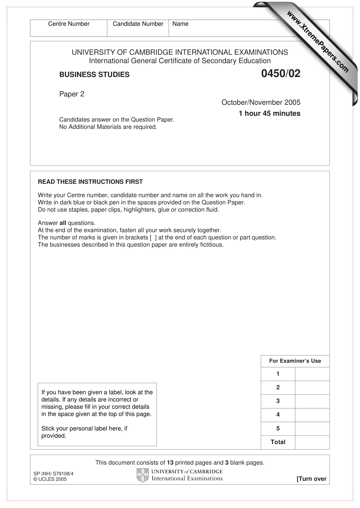 Cambridge IGCSE Business Studies 0450 2005 Oct/Nov Paper 2 · Variant 1 question paper, page 1 of 16