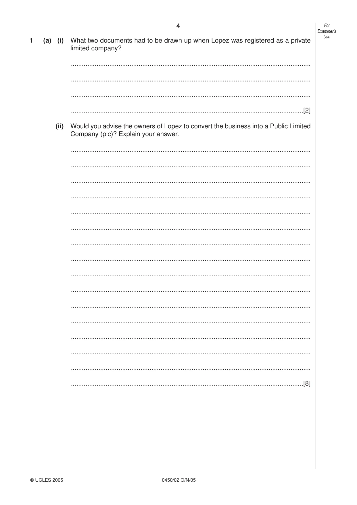 Cambridge IGCSE Business Studies 0450 2005 Oct/Nov Paper 2 · Variant 1 question paper, page 4 of 16