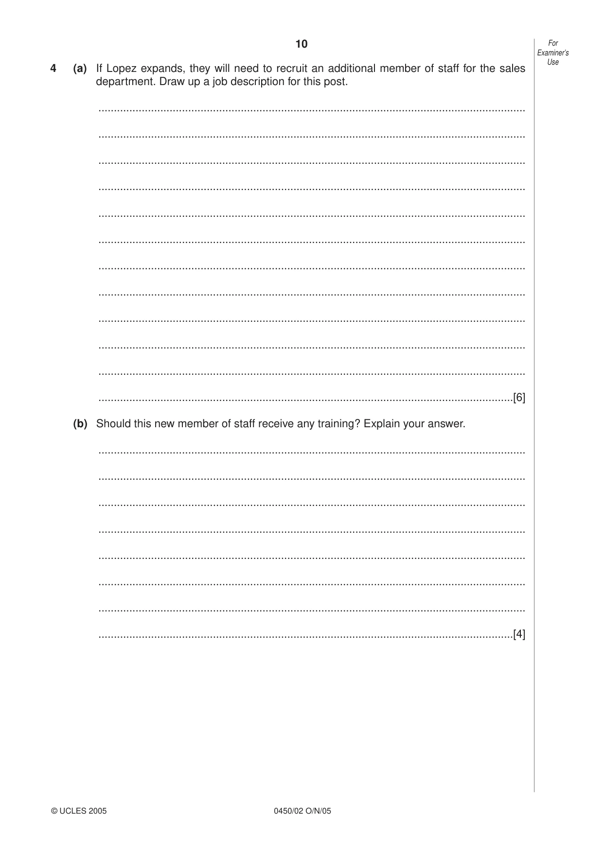 Cambridge IGCSE Business Studies 0450 2005 Oct/Nov Paper 2 · Variant 1 question paper, page 10 of 16