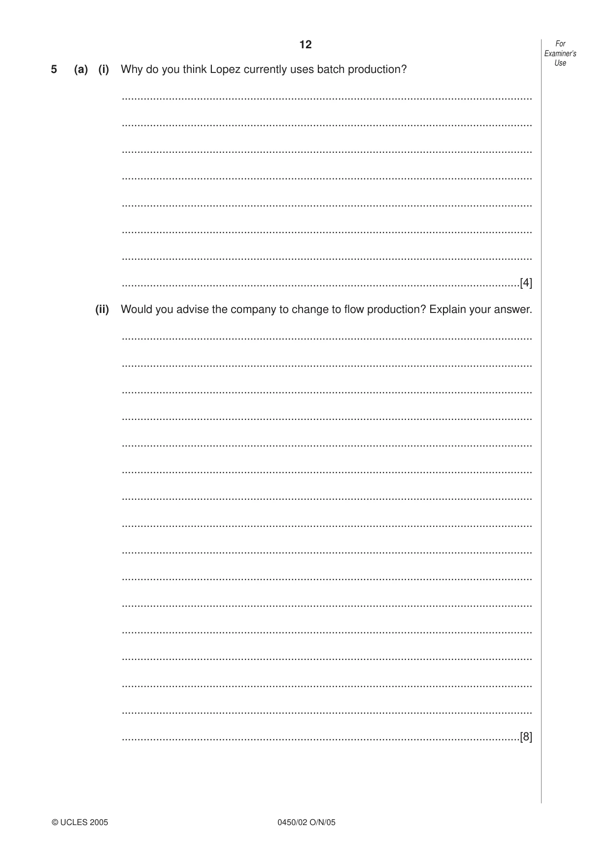 Cambridge IGCSE Business Studies 0450 2005 Oct/Nov Paper 2 · Variant 1 question paper, page 12 of 16