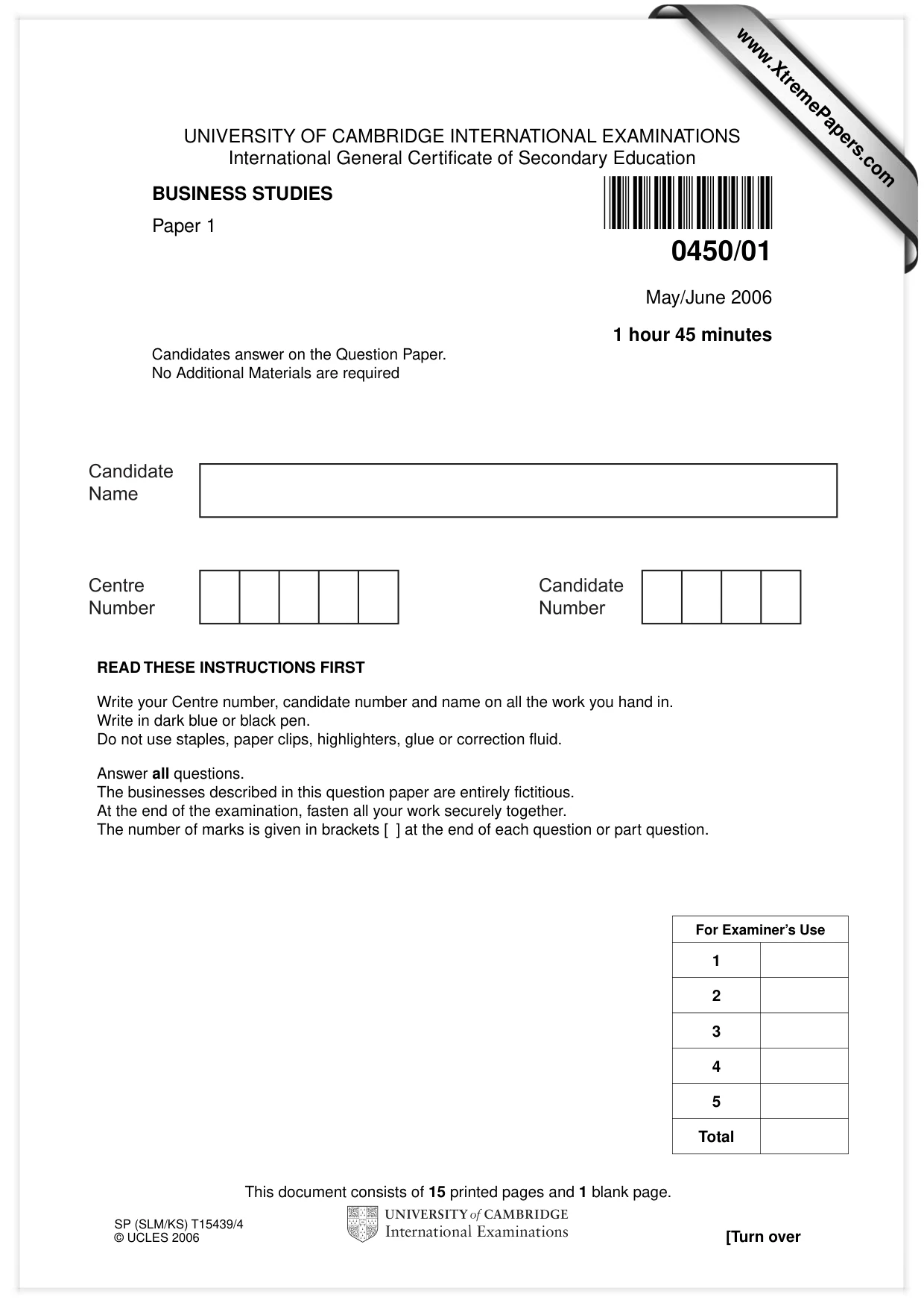 Cambridge IGCSE Business Studies 0450 2006 May/June Paper 1 · Variant 1 question paper, page 1 of 16