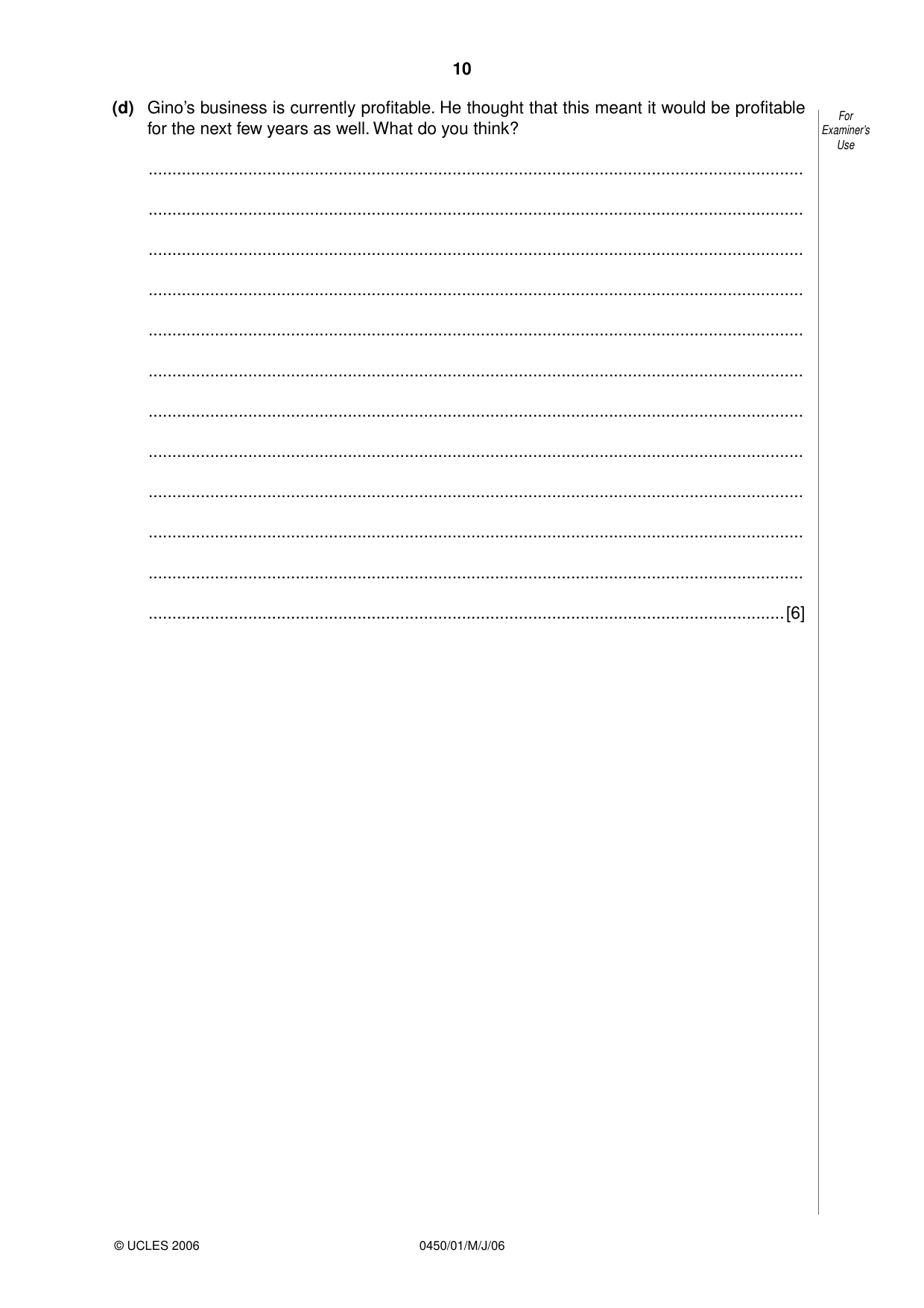 Cambridge IGCSE Business Studies 0450 2006 May/June Paper 1 · Variant 1 question paper, page 10 of 16