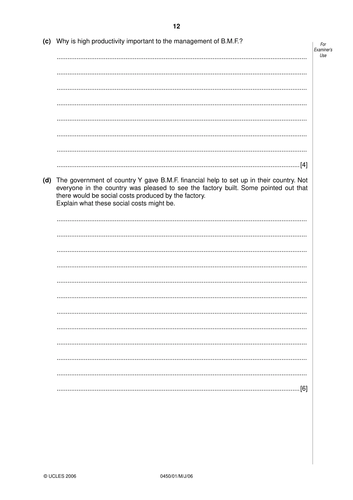 Cambridge IGCSE Business Studies 0450 2006 May/June Paper 1 · Variant 1 question paper, page 12 of 16