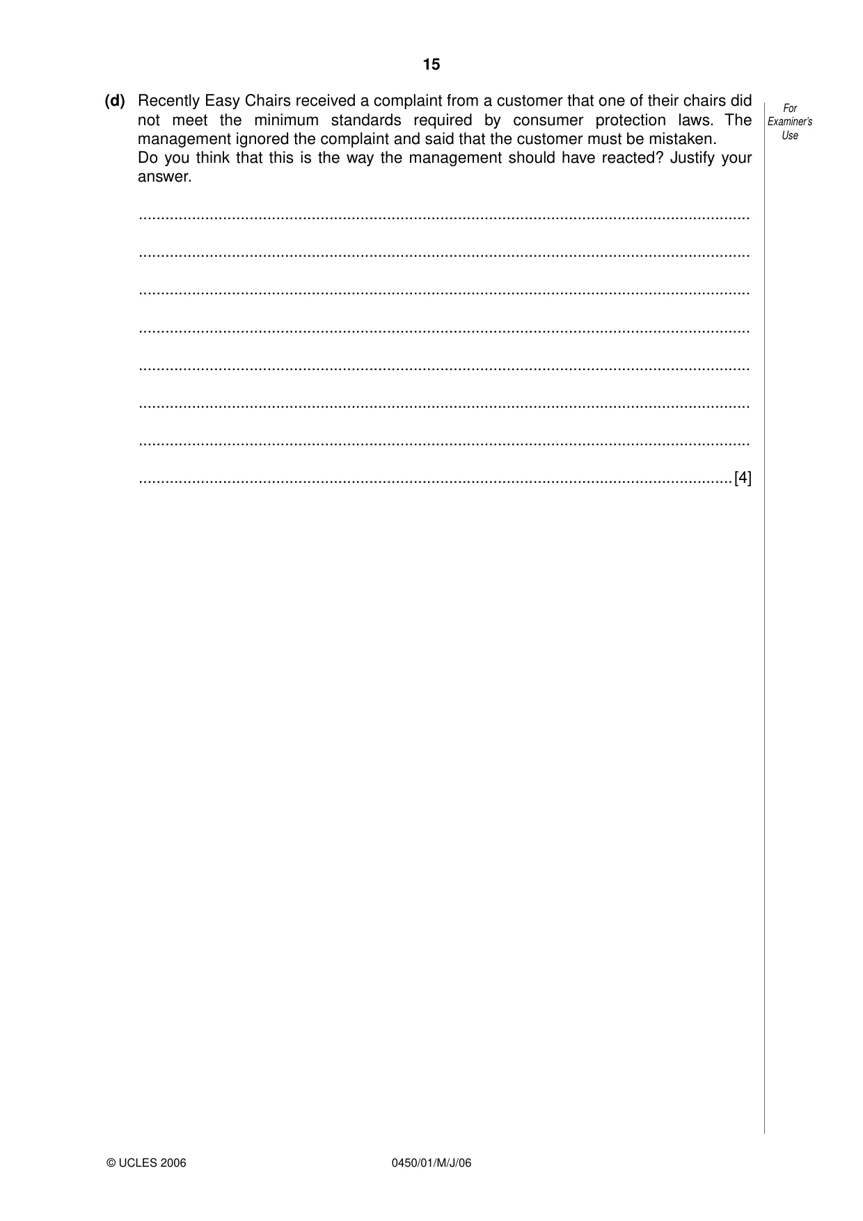 Cambridge IGCSE Business Studies 0450 2006 May/June Paper 1 · Variant 1 question paper, page 15 of 16