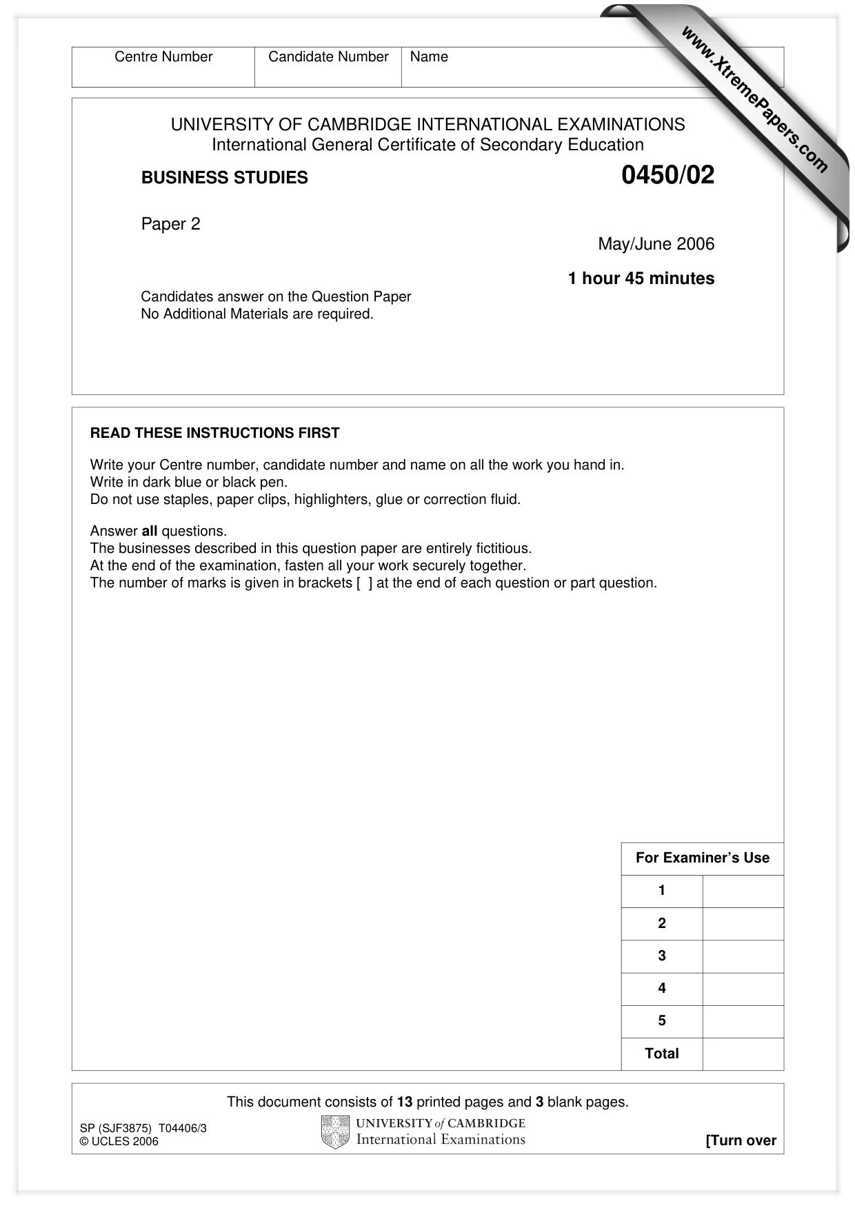 Cambridge IGCSE Business Studies 0450 2006 May/June Paper 2 · Variant 1 question paper, page 1 of 16