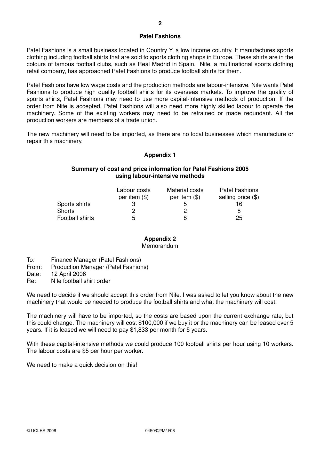 Cambridge IGCSE Business Studies 0450 2006 May/June Paper 2 · Variant 1 question paper, page 2 of 16